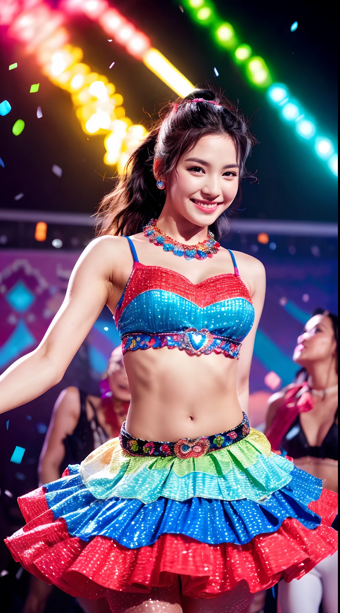 (best quality,4k,8k,highres,masterpiece:1.2),ultra-detailed,(realistic,photorealistic,photo-realistic:1.37),portraits,colorful,lighting effects,beautiful face, creative dress, stylish fashion,confident smile,trendy hairstyle, 90s, feminine charm,impeccable makeup,dancing pose,stage performance,vibrant stage background,spotlights,glamorous attire,bright costume,sparkling accessories,energetic movements,seductive gaze,perfect complexion,flawless skin,expressive eyes,celebrity status,pop music,adoring fans,confetti and fireworks,fancy stage props,heart-shaped stage,exuberant energy,entertaining crowd,electrifying atmosphere,sizzling performance,multicolored lights,dynamic presence,impressive dance routine,gorgeous visual spectacle,k-pop sensation, half body, half body, cowboy shoot, skinny, small ???????, skinny