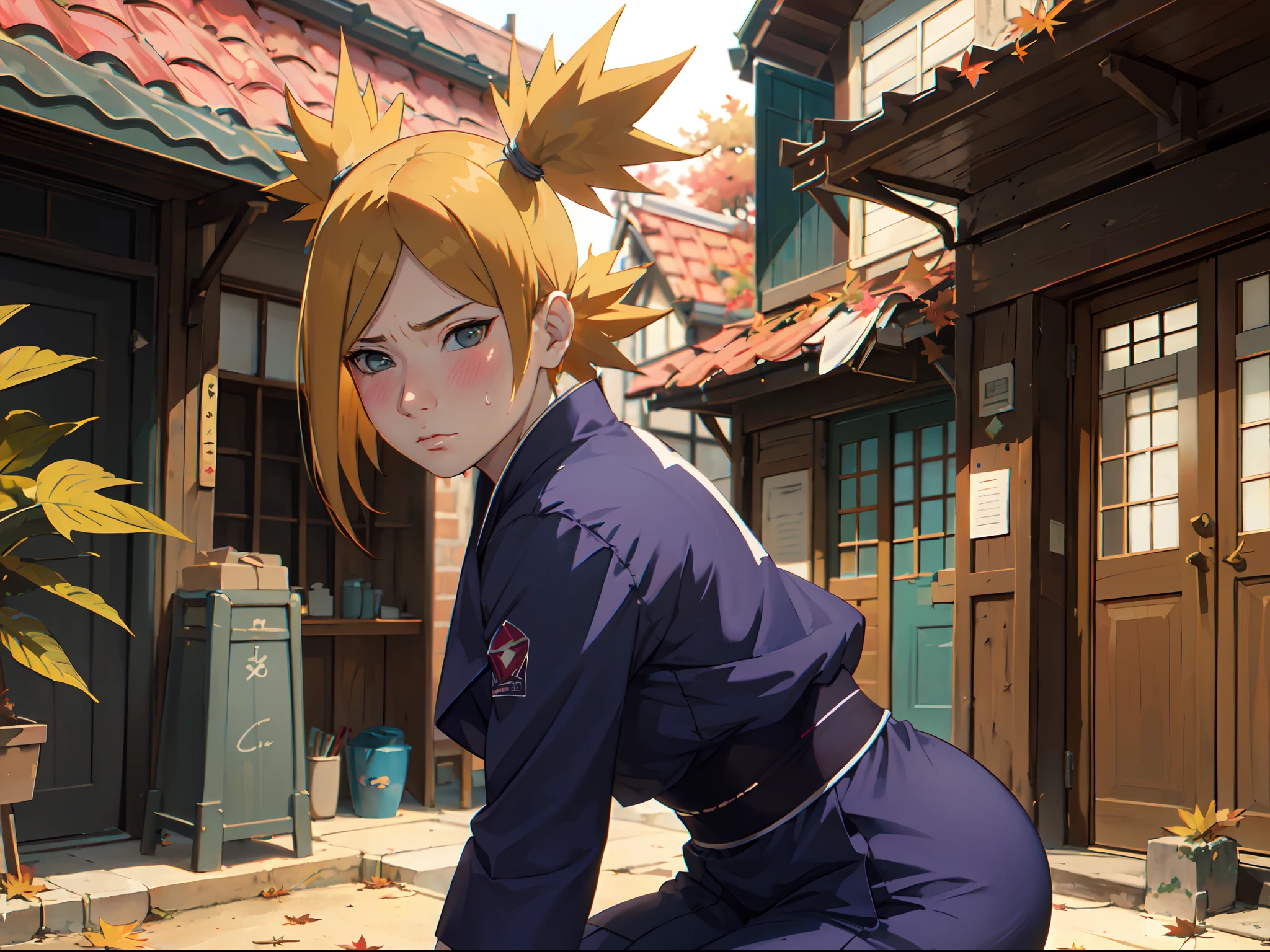 Masterpiece, absurderes , (Intricate details), (Colorful),Cinematic lighting,Bust Up Shot,Extremely detailed Cg Unity 8K wallpaper,Temari\(Boruto\), 1girll, Mature female,blue kimono, Sitting, Outdoors, (Falling leaves:1.3), Autumn leaves, (Autumn), Sunlight, Maple tree, parted lip,Wind, view the viewer, Temari\(Boruto\)，（perspire，Sweat a lot，Blushlush，Be red in the face，I had a lot of sweat on my face，Blushlush），（stooped，Buttress，Enchanting pose，A sexy pose）