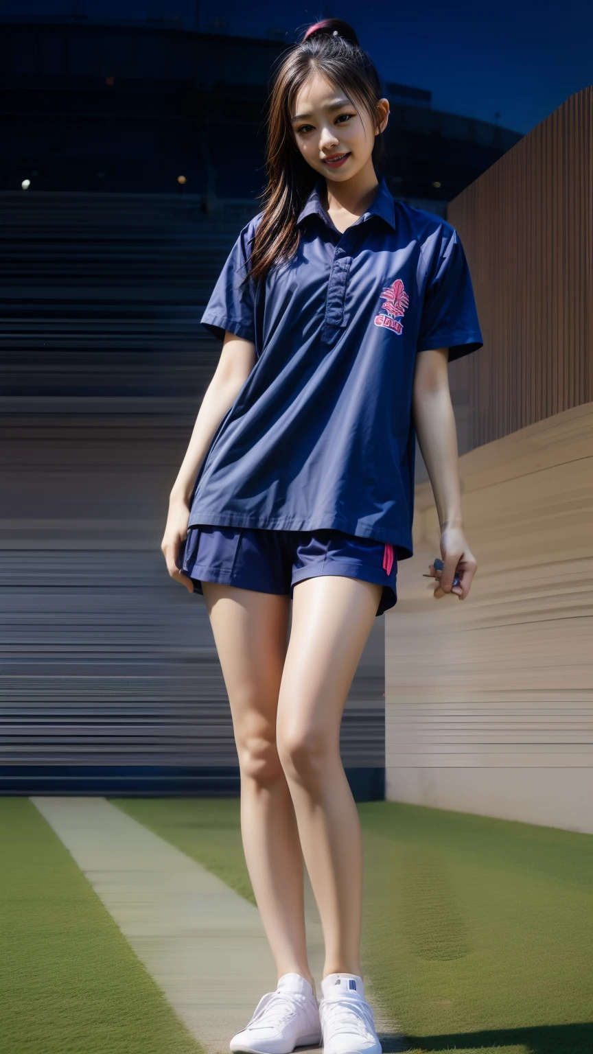 (bestquality,10,10,highres,masterpiece:1.2),ultra-detail,(Realistic,photorealistic portrait,photo-realistic:1.37),1 Cute girl in the football field,oily shiny skin,bara,light smile,BDclothes,((blue shirt:1.3)),short sleeves,Shirt, trousers.,(navy_long_Pants Track:1.1), ((Stadium Background:1.3)),dynamic angle,excited,face focus,Dynamic Poses,from behide,Ass Focus,masterpiece, bestquality, ultra realistic, hyper-detail, 8k resolution, RAW photo, crisp focus, ((Navy blue shirt:1.1)), short sleeves, Long Path, Perfect body, 2 mature women, 18yo, cinematic light,Blue sweatpants,Gymware,Correct anatomy,Complete body, Correct body, sharp face, Anatomically correct body, full entire body, Realistic gestures, long-haired, Realistic poses,Wear long shorts..,Long leg span,Shapely,Sculpting Girl