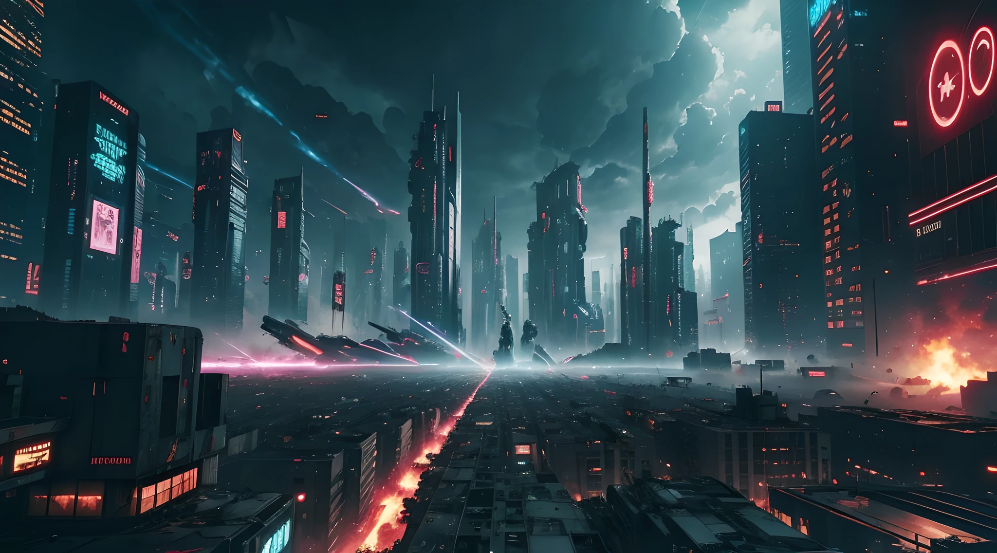 A dystopian and surreal postapocalipse destroy city with technological elements and a futuristic vibe that captures the essence of cyberpunk, hd. ultrahd, 8k, creating a dynamic visual effect, modern cyberpunk anime, crash