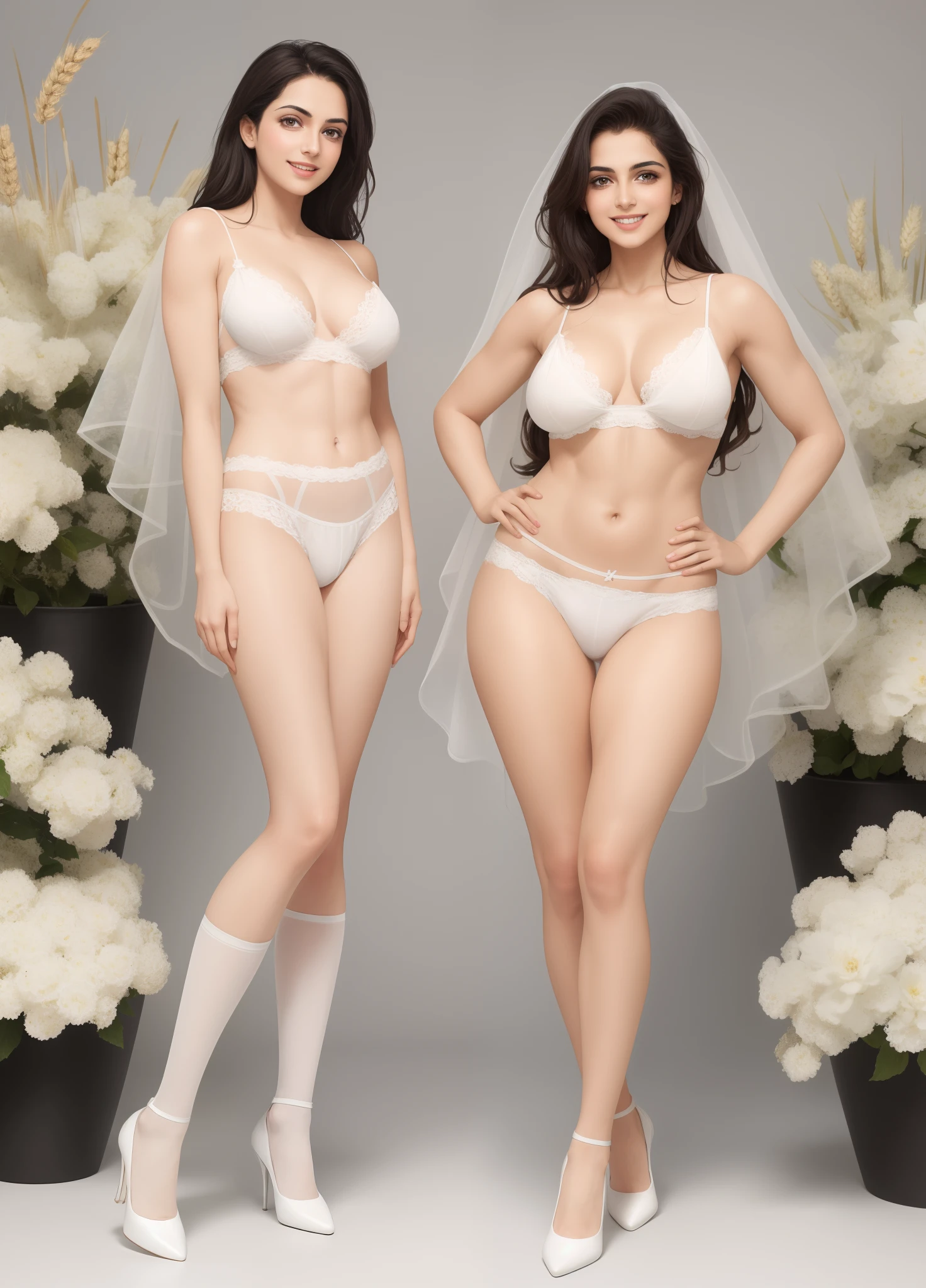 Young Indian woman,Wheat-colored face,Intellectual women,Delicate face,Shiny skin,Cheerful and happy expression,Healthy complexion,Tall, Large breasts,Chest firm,Towering chest,Flat lower abdomen,Well-developed abdominal muscles,slenderlegs,White veil,White lace underwear,White flowers and white panties,White heels,Pose your legs in an M shape