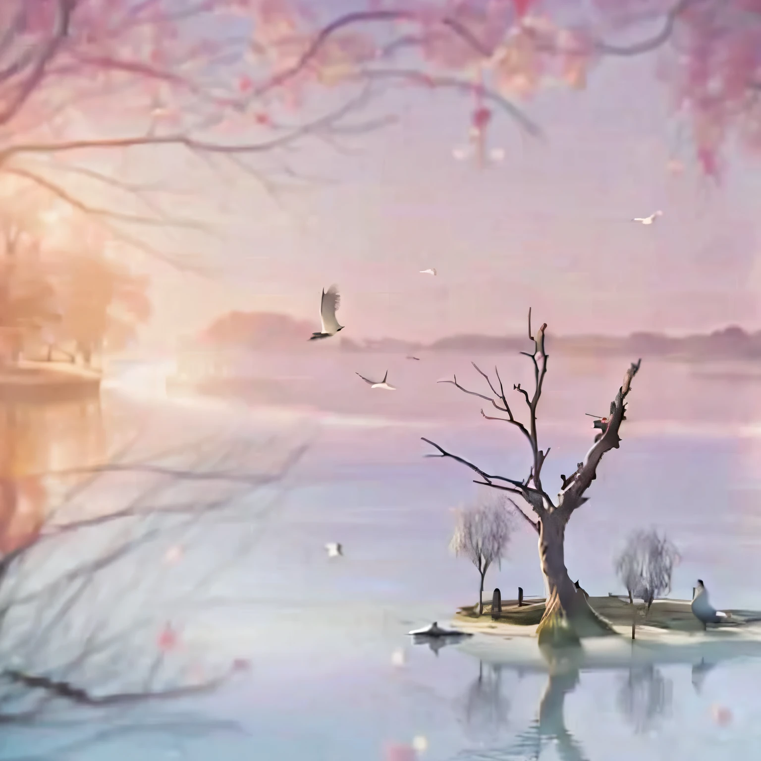 There was a tree standing in the water，Birds fly around, melancholy pastel art, blurry and dreamy illustration, pastel style painting, dreamy scenes, pastel art, in a surreal dream landscape, DreamlikeArt, serene illustration, blurry and dreamy illustration, Fantastical Atmosphere, pastel artwork, atmospheric artwork, lonely tree, Winter sun, Evening sunset, of the tree, the sunset