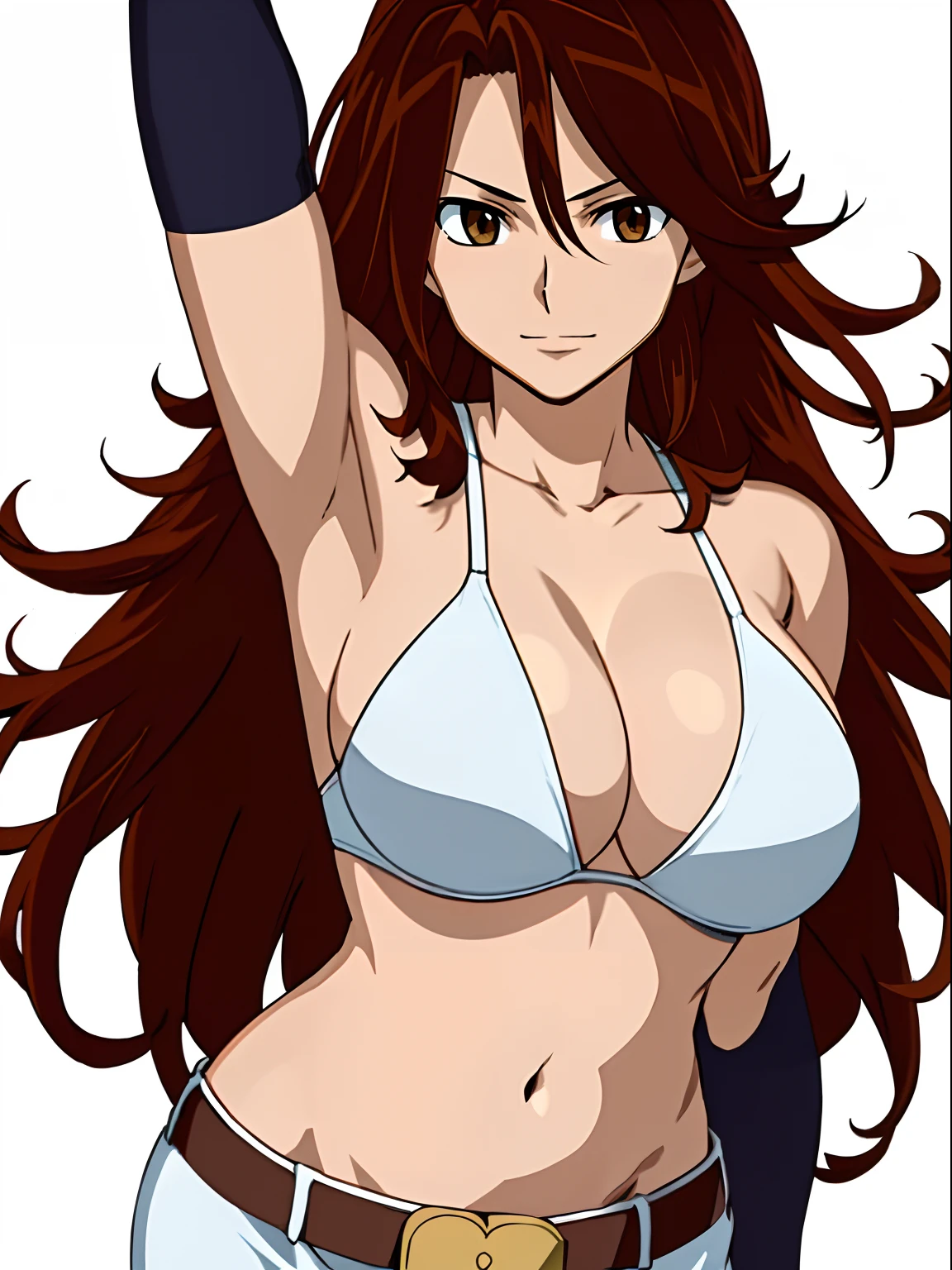 Flexing arm muscles, Karate stance, ((solo)), Best Quality, hires, full body view, curvy midsection, (tilt head, defined weak muscles, detailed muscles), smile, kind face), upper body only, anime style: 1.8, anime drawing, ultra detailed face, ultra detailed body, 4k, Sumergai Lee Noriega, karate stance, best quality, anime style, hires, highest definition, digital blending, bold drawing lines, (((White Background))), ( (defined muscles), long belly, slim body, ((strong arm muscles)), broad shoulders , off-shoulders, closed fists, (two bras, shorts, white gloves, , arm band, (champion belt))), (large breasts, defined cleavage, closed mouth, big bellybutton, shiny skin), (big eyes, brown eyes, shiny eyes), (reddish hair, loose hair, curly hair, wavy hair, long hair, floating hair)