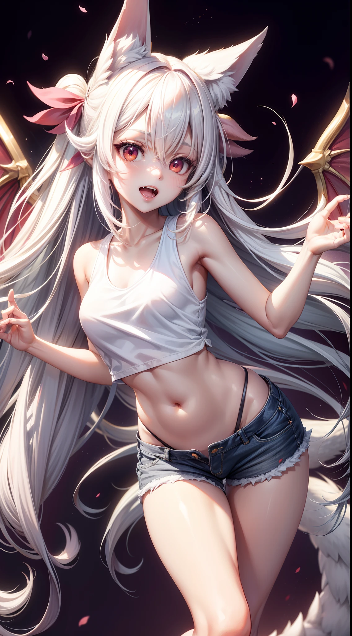 young girl, Very long white hair, pink eyes, fox ears, Very long fox tail, ssmile, opened mouth, Dragon Wings, Flight, white tanktop, Sleeveless, Shorts, open belly, Masterpiece, hiquality, 4k, HD, Good detail