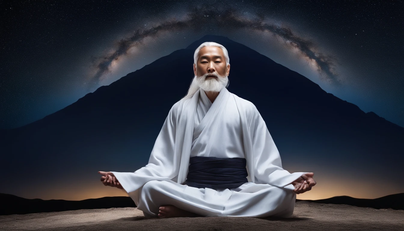 30-year-old Asian middle-aged Taoist priest sitting in the universe with his eyes closed,long white hair,Meditate,There is a white beard,Meditation cross-legged,Wear a white robe,white sash,Daoism,Taoist master,Taoist,The entire galactic starry sky,Magnificent momentum,Rising starlight,at centre,Face the lens,The color of the vast blue starry sky, Light particles, with light glowing, Mshiv, wallpaper art, UHD wallpaper