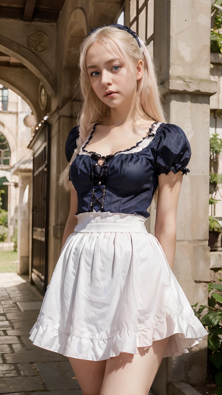 (masterpiece, Best Quality:1.2), 8K, 85 mm, Official art, Raw photo, Platinum Blonde Hair, (Blue eyes, Lolita Fashion, sweetlolita, Gothic, Dress:1.2), Idol face, Upper body, Beautiful Girl, gardeniass, Copenhagen, Short sleeve, Elegance, Sophisticated, gardenia, Looking at Viewer, Film grain, chromatic abberation, Sharp Focus, face lights, Dynamic lighting, Cinematic lighting,(( red blush、embarassed expression, Look away、Looking down in embarrassment:1.2))、(((tucking up the skirt、White panties are visible、Sujiman、slit)))、