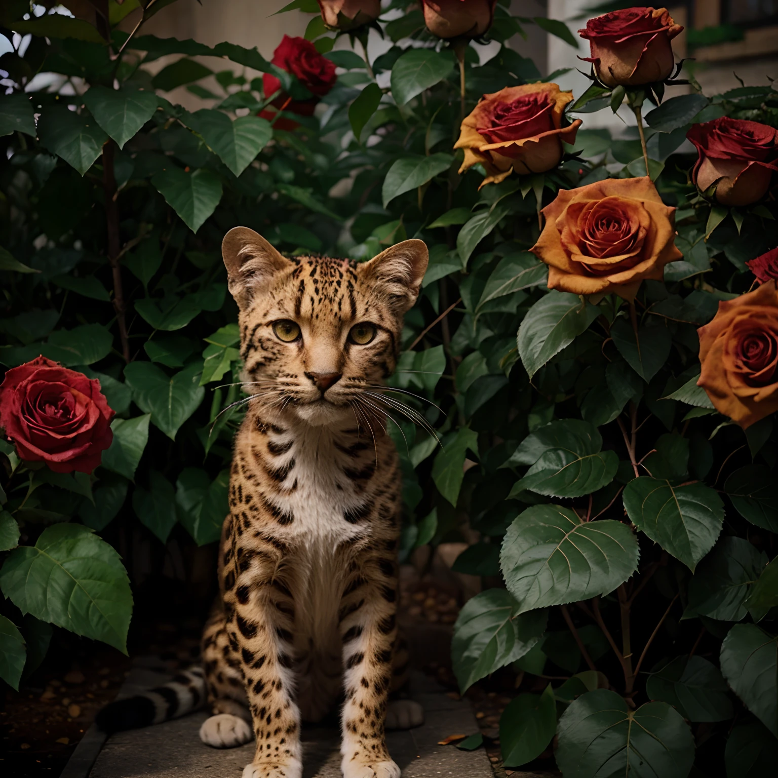 Leopard cat, rose plant, autumn, cinematic photo, kodak porta