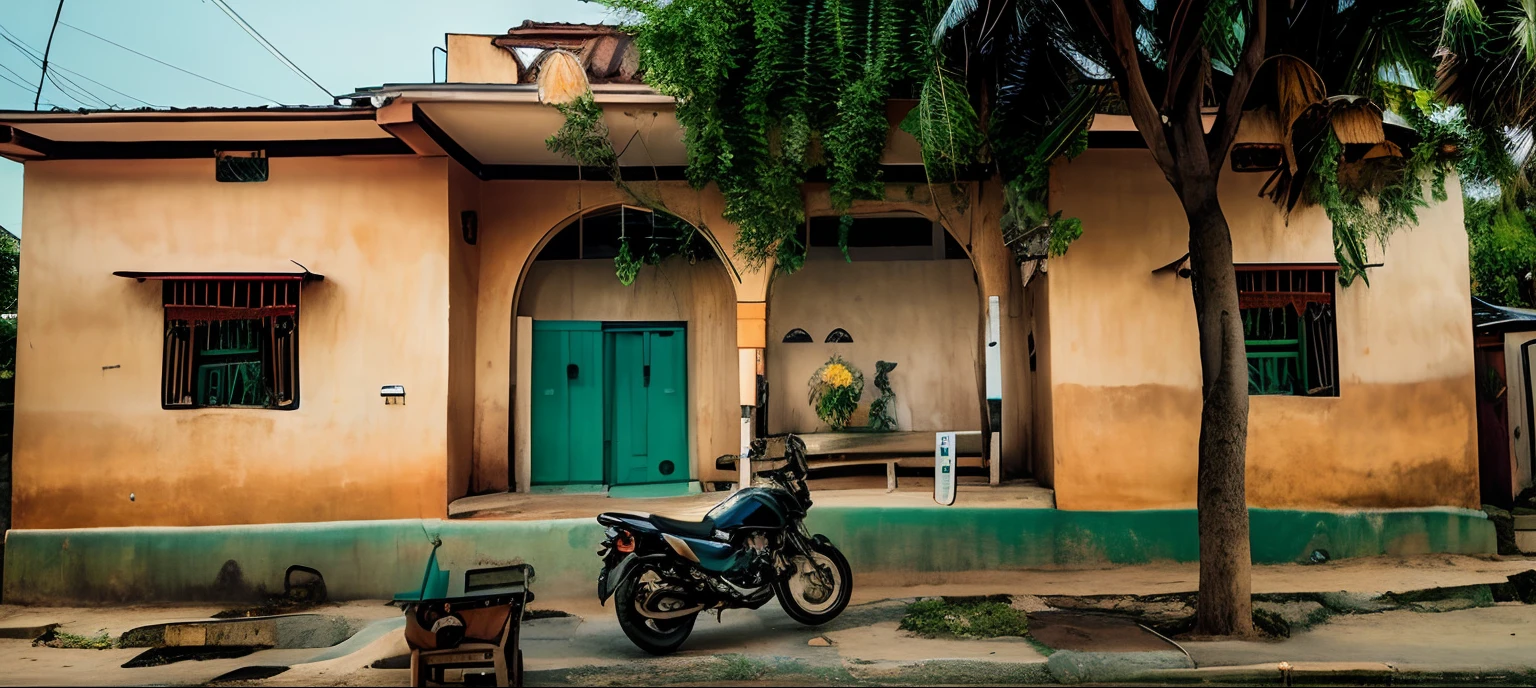 there is a motorcycle parked outside of a building with a tree, well maintained, well decorated, exterior view, front side, inside house in village, front facing, my home, building facing, very ornamented, front view, front side view, village house, view from front, seen from outside, front-view, full - view, outside view, frontview