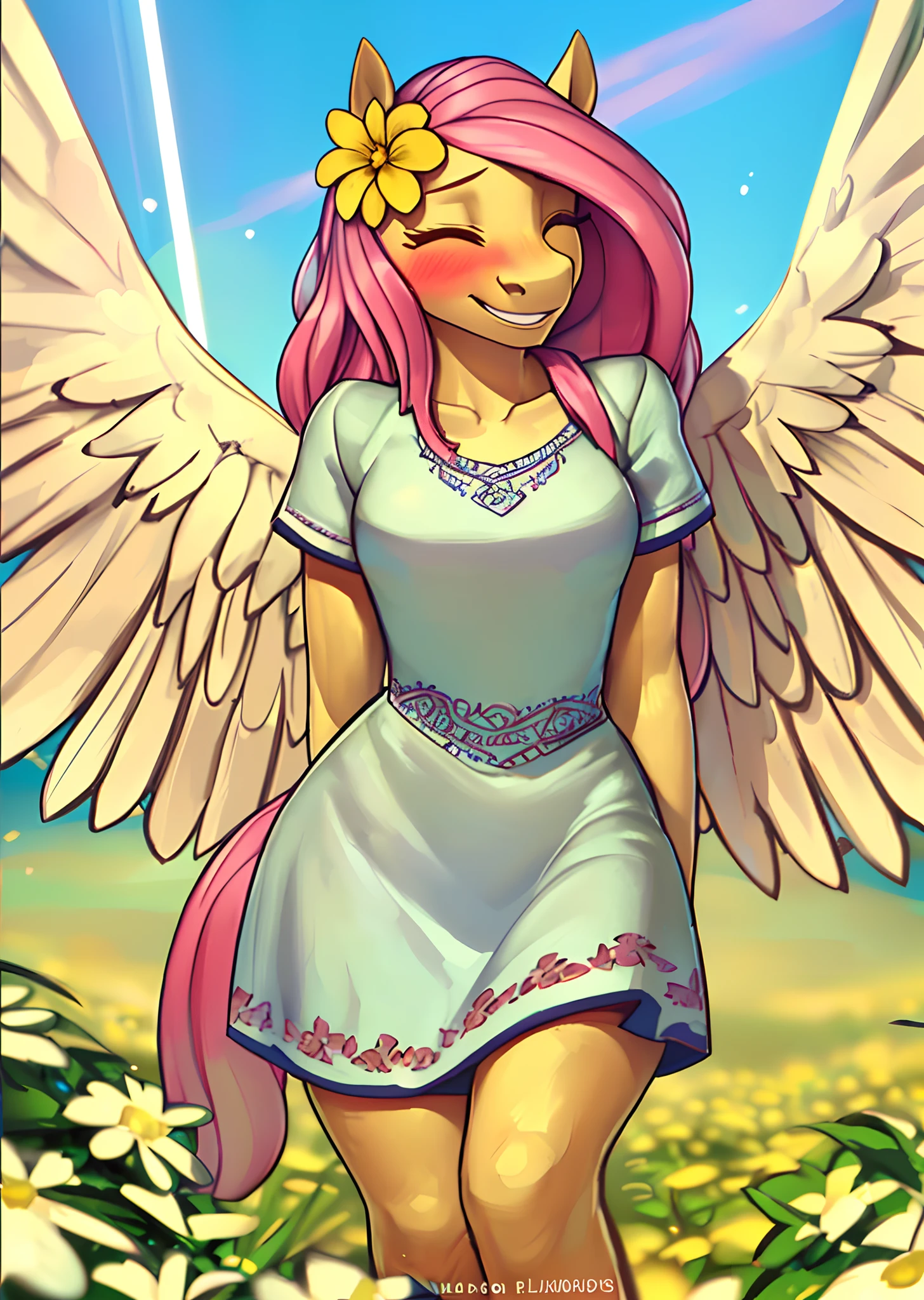 [fluttershy], [Uploaded to e621.net; (siden), (Pixelsketcher), (mayosplash), (wamudraws)], ((masterpiece)), ((HD)), ((high quality)), ((solo portrait)), ((cowboy shot)), ((furry; anthro)), ((detailed fur)), ((detailed shading)), ((beautiful render art)),  ((intricate details)), {anthro horse; (slim figure), (light-yellow fur), (both eyes closed:1.2), (long eyelashes), (horse snout, long pink hair, (light-yellow pegasus wings), (gorgeous hips), (beautiful legs), (blushing), (excited grin)}, {(short light-green dress), (short sleeves), (light-green canvas sneakers), (yellow flower in hair)}, {(standing), (arms behind back), (looking at viewer)}, [background; (green plains), (blue sky), (sun rays)]