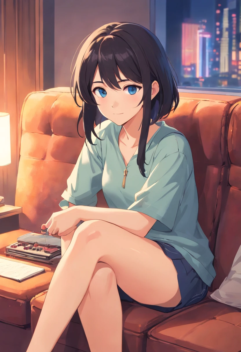 girl、soio、adolable、Moody、Predisposition to depression、Force yourself to laugh、honor student、looks smart、Know、Black hair、Blue eyes、coward、Hut、sitting in the couch
