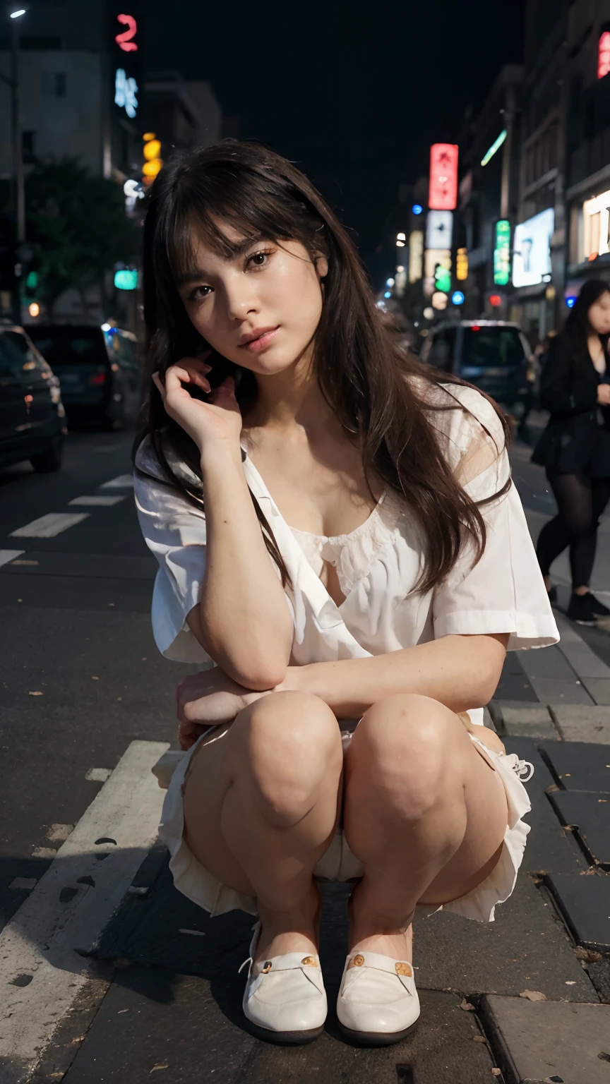 top-quality、hight resolution、ultra-detailliert、masterpiece、Raw photography、realisitic、Photorealsitic、extremely delicate and beautiful、finely detail、1womanl、(Super beautiful)、(beauitful face:1.5)、Clear pubic contours、Squatting、Spread your legs、(white panties:1.4)、(high-school uniform)、(Dark blue pleated skirt)、(Wear black loafers)、(Sidewalk in Shibuya at night)、Neon sign、(At SFW:1.1)