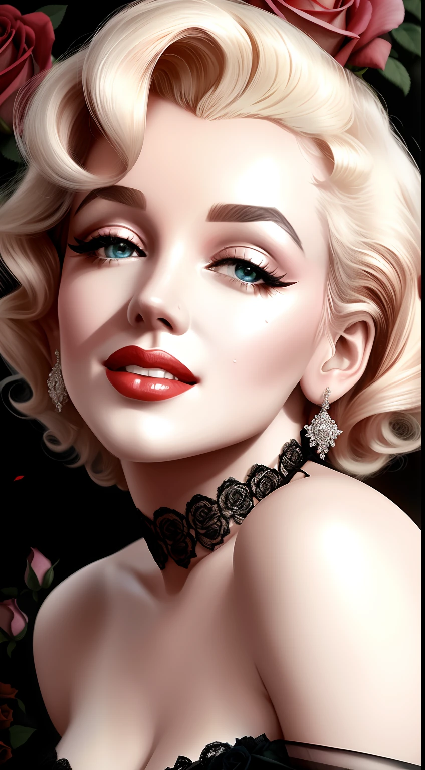 close up photo of Marilyn Monroe, off shoulder ,hyper realistic photo, (rose) digital art, black background, among the roses, official photo art, blown by the wind, masterpiece, beautiful, , intricate detail. Great detail, Trending on Artstation, Rachel Walker