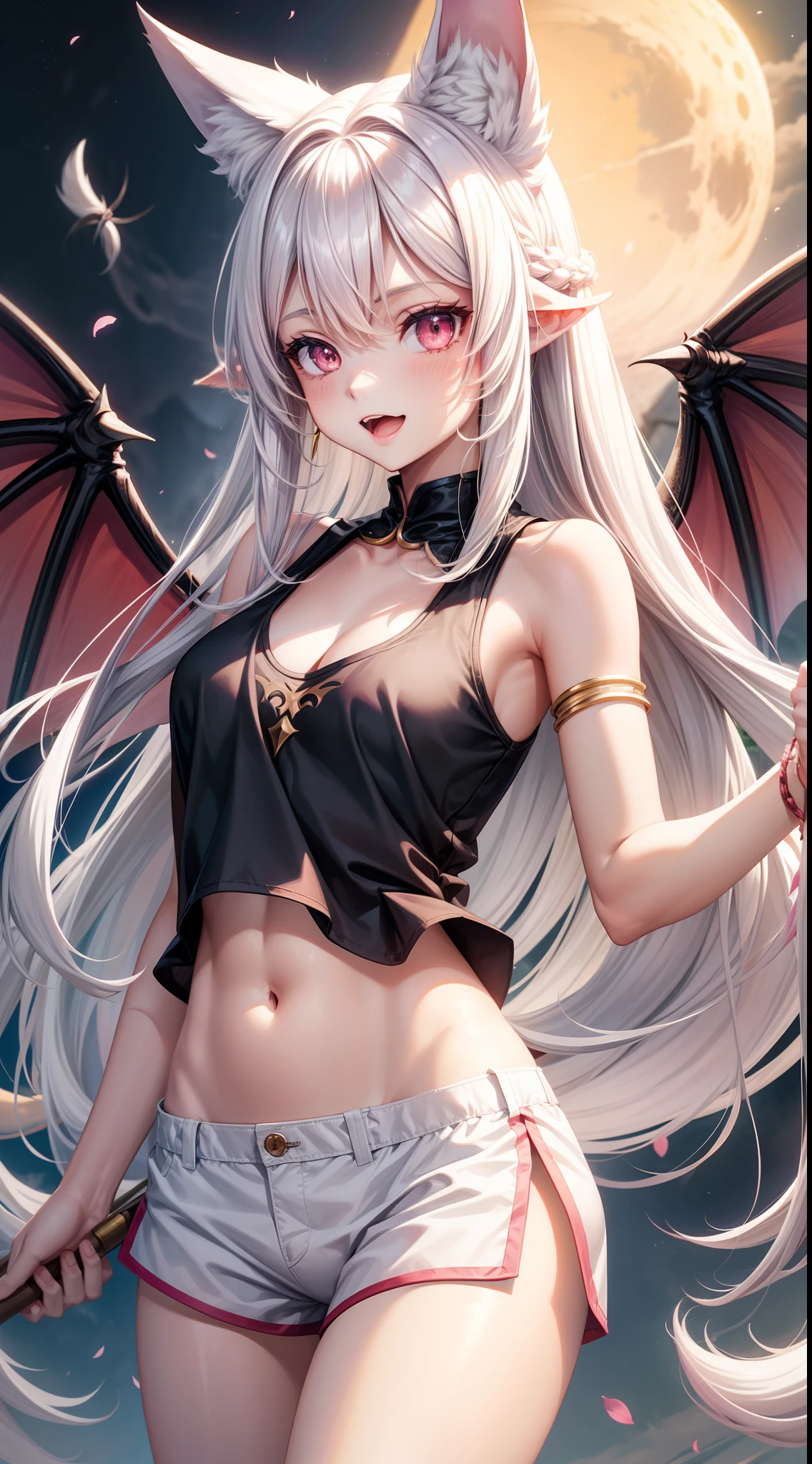 young girl, Very long white hair, pink eyes, fox ears, Very long fox tail, ssmile, opened mouth, Dragon Wings, Flight, white tanktop, Sleeveless, Shorts, open belly, Masterpiece, hiquality, 4k, HD, Good detail