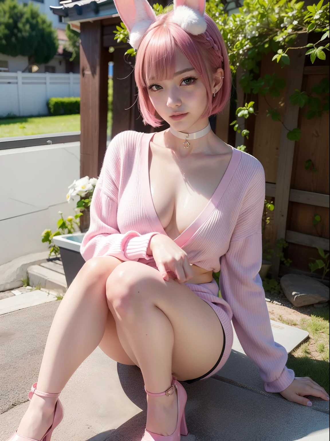 Pink short cut hair、top-quality,ultra-detailliert,​masterpiece,realisitic,Photo Real,Bright lighting,1 girl in, an extremely beautiful 17-year-old girl, Public bath dressing room、(kawaii:1.2),Thin smile, (Brown eyes),(A pink-haired),(bangss),flawless skin,((erotick,Sexy and sexually explicit)),((accurate hands without incongruity)), large full breasts,big breasts thin waist, Look at viewers,((Beige sweater)),,((Sit up,spread legswide)),  (Skinny Jeans),(Loafer shoes), Open-air bath at night、Raw photo、(masuter piece)、(top-quality)、Hi-Res、(girl with)、(realisitic、Photorealsitic:1.2), Upper body、Facing up、skinny、small tits、Eyes closed、Deep sadness、Sorrow、look up sky、Open mouth、Scream、(8K, top-quality, ​masterpiece:1.2), (realisitic, Photorealsitic:1.37), ultra-detailliert, 1 girl in, full body Esbian, Back alley of Japan(Adjusted hair:1.5) 、Alpha Layer、high-heels、cute little、独奏、Beautiful detailed sky、(A smile:1.15)、(Mouth closed)、tiny chest、Eyes in Beautiful Details、（short-hair：1.2）、Floating Hair NovaFrogStyle、Hotel Bed、masuter piece、Pink Shortcut Bob、Realistic rabbit ears、Pink realistic rabbit ears、Realistic ears of rabbits sticking out of the head、Pink hair、Beautiful girl in her 20s、Bewitching atmosphere、Beautiful shaped hands、K-POP、Pink rabbit ears、1 girl in、独奏、​masterpiece、top-quality、realisitic、Hyper-detailing、(Glossy skin:1.4)、absurderes、short pink hair、Slender beauties、动态照明、hight resolution、foco nítido、depth of fields、(thick thight:1.0)、A slender :1.2，((Short-cut bob hair))、((k pop:1.3))，Highly detailed facial and skin texture、((魅惑的))，Anatomically correct number of fingers，Correct anatomy