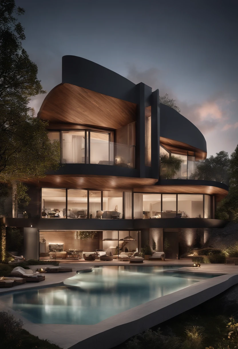 A home with a sense of modernity,Face aux montagnes,Face au lac,Immense piscine exterieur,Style architectural moderne, ultra detailed photograph,buliding,complicated,Ombrage, HighDynamicRange,dinamic lighting, photoreallistic, natural soft light, H faible, tmasterpiece, 8k detailed,There are so many details,Grande vitre du sol au plafond,Merging technology and the natural environment,A un look super cool,