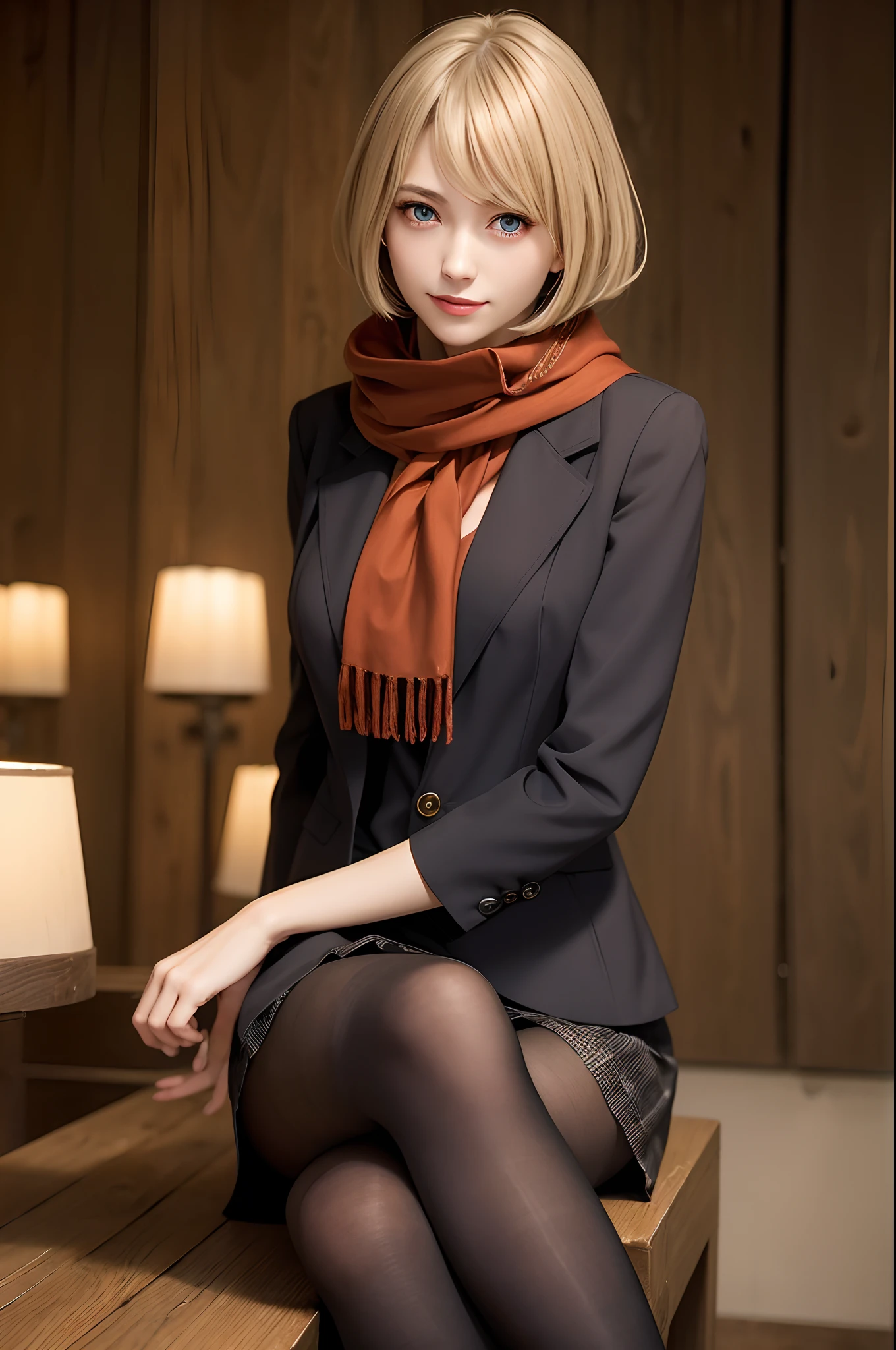 Beautiful fece, masterpiece, top-quality, extra detailed face, Perfect litthing, 1girl in, blue eyess,blonde hair, Fluffy Bob, Orange jacket, scarf, Black plaid skirt, long boots, top-quality、超A high resolution、realisitic、20yr old、high detal、extremely detailed eye and face、Dazzling eyes、((Black pantyhose))、((a short skirt))、good hips and long legs、beautiful countenance、Perfect face shape、Perfect body、a matural female、((large full breasts))、Absinthe heavy wooden barrel、Sit on a 1m high wooden round barrel stool and cross your legs、Look at viewers,natta,Dim lighting,A smile