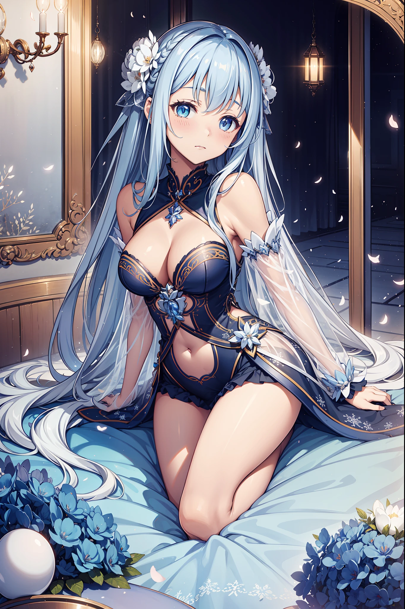 saintess,solo person,the night,inside in room,shyexpression,See-through Pajamas,see-through sleeves,Enchanted,Petal edges,adolable,Light colors,gentleness,Snowflake decoration,extremely detailed CG 8k wallpaper,best qualtiy,tmasterpiece,A high resolution,Delicate and beautiful face
