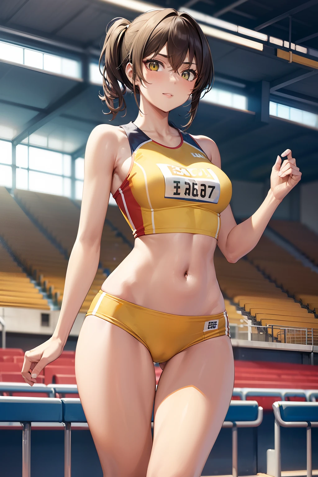woman.(track and field). (world athletics).(yellow track uniform:1.2), sleeveless, (spectator seats).(packed auditorium).(separate track and field uniform).competition, perfect hands, thigh gap, show belly, running