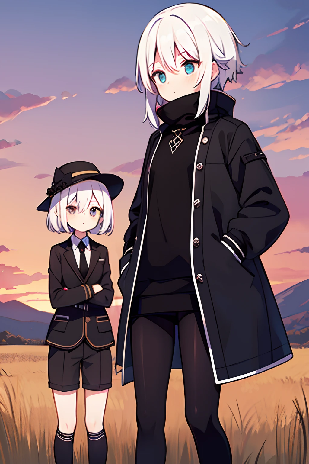 {high quality}, scarecrow, {girl with white hair and jade eyes}, {firmer black jacket}, {black spats}, {hands in pockets}, {dawn}, emphasis on legs,