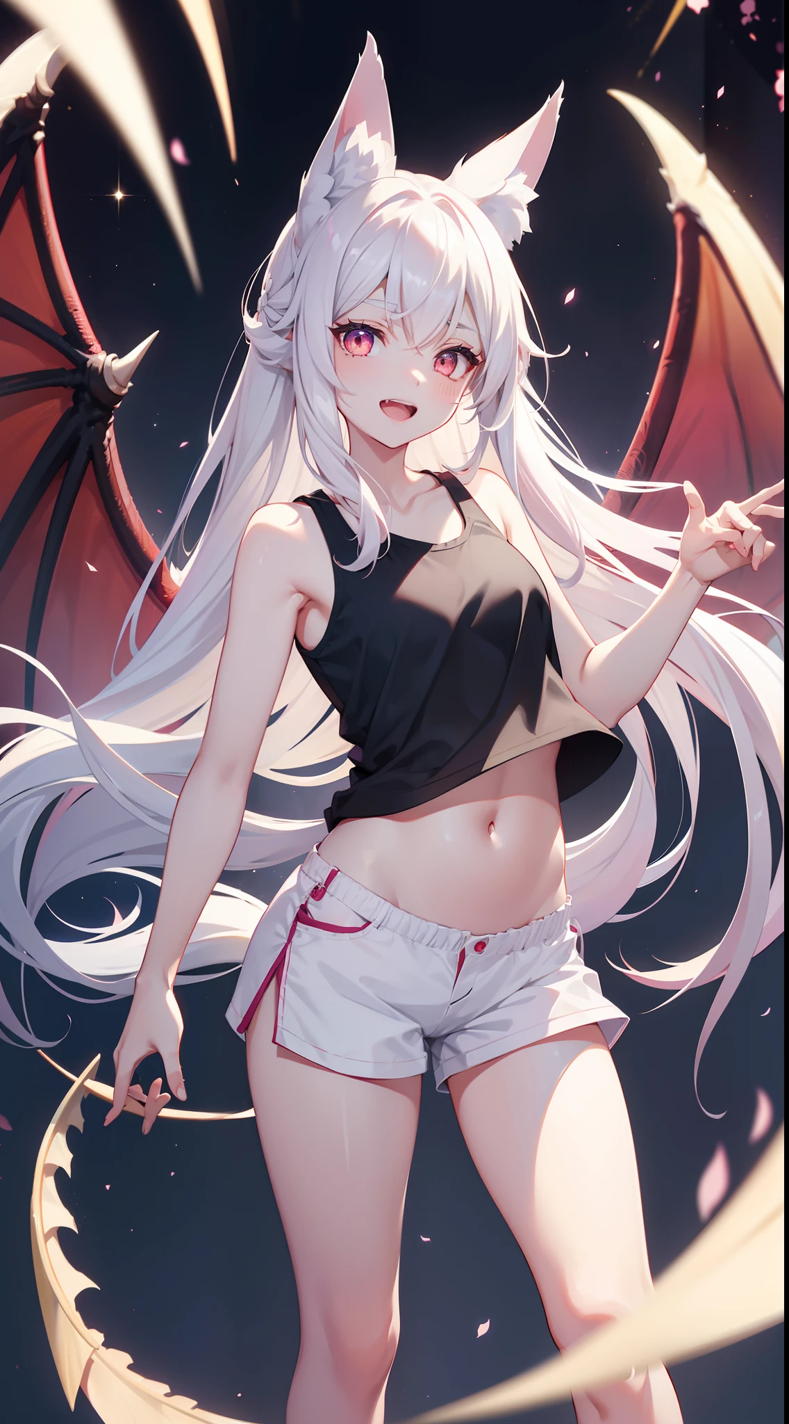 young girl, very long white hair, pink eyes, Fox ears, Very long fox tail, ssmile, opened mouth, Dragon Wings, Flight, white tanktop, Sleeveless, Shorts, open belly, Masterpiece, hiquality, 4k, HD, Good detail
