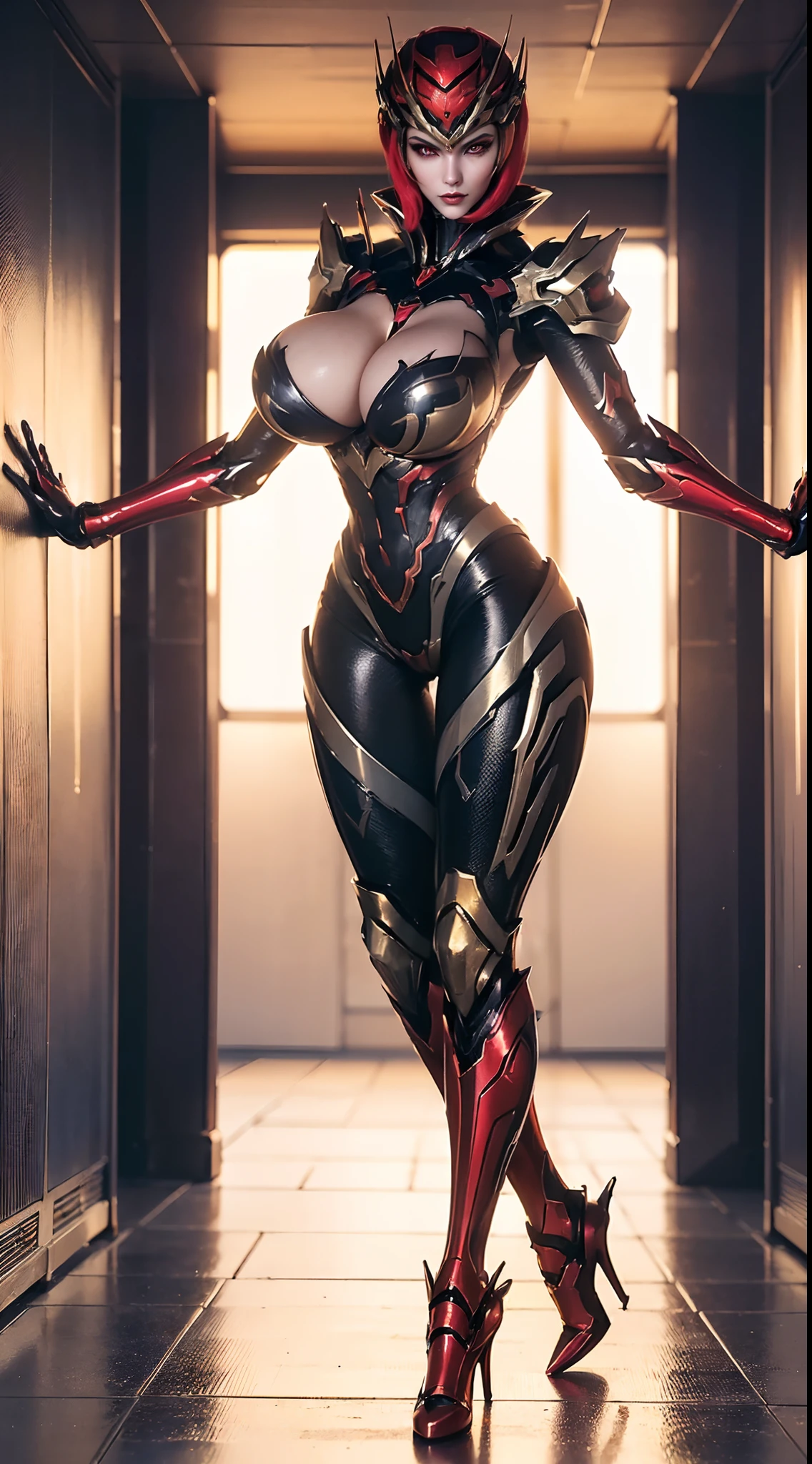 (1GIRL, SOLO:2), (super detailed face), (neon peonix head:1), (BIG BUTTOCKS, HUGE FAKE BREASTS:1.5), (CLEAVAGE TOP:1.5), (MUSCLE ABS:1.3), (MECHA GUARD ARMS:1.4), ((RED, GOLD, FROM OVERWATCH, MECHA HEAVY ARMOR SUIT, BLACK MECHA SKINTIGHT SUIT PANTS, MECHA GUARD ARMOR LEGS, HIGH HEELS:1.5)), (THICC MUSCULAR FEMALE BODY:1.3), (GLOWING SKIN:0.8), (SEXY LONG LEGS, FULL BODY:1.3), (LOOKING AT VIEWER:1.3), (female focus:0.886), (WALKING DOWN HALLWAY OF FUTURISTIC SPACE STATION:1), (BRIGHT LIGHT WHITEROOM:1.3), SUPER TEXTURE, UNREAL ENGINE RENDER, PHYSICALLY-BASED RENDERING, ULTRA HIGHT DEFINITION, 16K, 1080P.