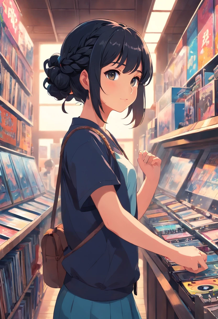A cute 16 year old girl, braid hairstyle, and black hair, With a face, Wearing clothes from the 80s, She was in a vinyl record store