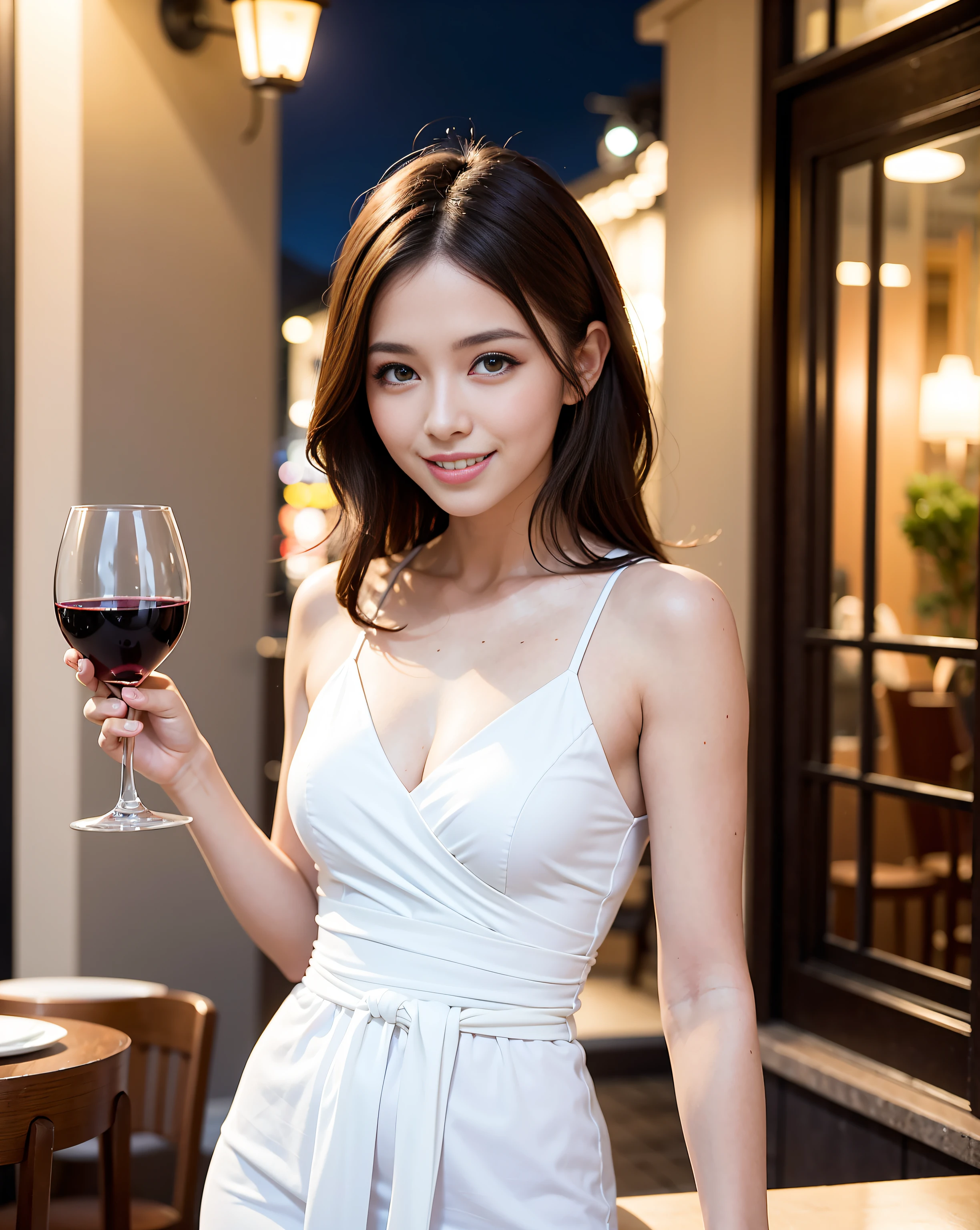 (64K, UHD, top quality, masterpiece: 1.2), (realistic, photorealistic: 1.37), super detailed, pretty woman 1 person, (slim face), (slim body), (brown hair), (short cut), cheeks slightly blushing, (41 years old), 38 years old, solo, outside the window is a beautiful detailed urban night view, restaurant, wine glasses sit, at night, in a prominent place (from the waist up) NovaFrogStyle, Actress, Model, Waist Up, White Wine, Slim, Wine Glass, Super Clean Night View, Wine Glass Put in the Middle, Happy Smile, (Smile: 1.15), Beautiful Fine Eyes, Upper Body, Bust Japan Up, Night, Short, Short, Actress, Model, Waist Up, White Wine, Slim, Wine Glass, Super Clean Night View, Wine Glass Put in the Middle, Happy Smile,