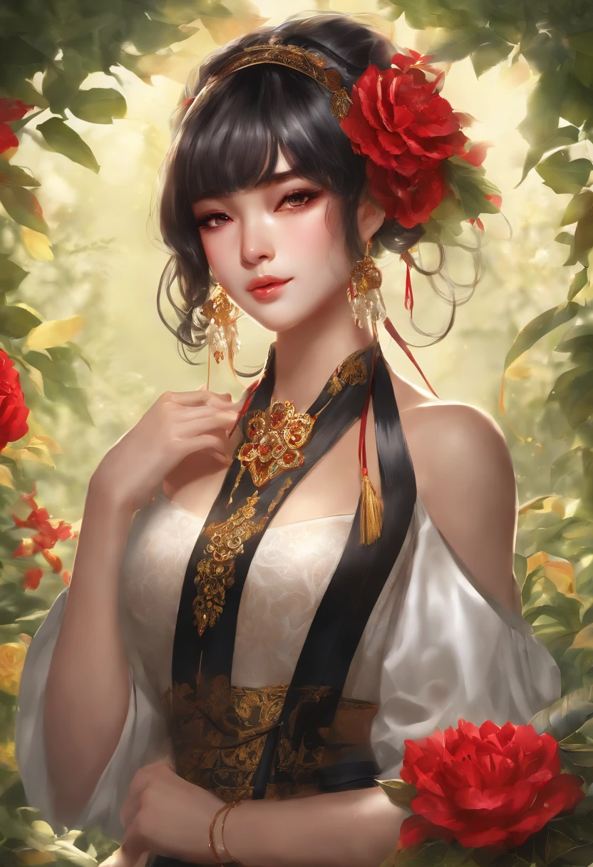 Godas, Yellow_pupils, +_+, black_Hair, High_pony tails, Red_flower_Hair_decorations, Masterpiece, Best quality, Ultra-detailed, illustration, Solo, 1girll