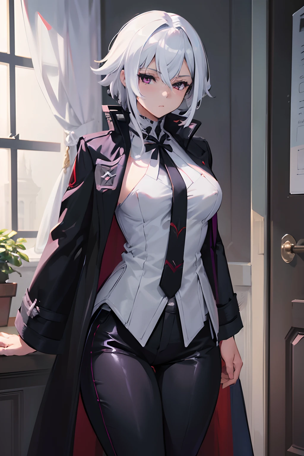 (masterpiece, best quality:1.2), illustration, 8k, hd, 1girl, solo, white hair, purple eyes, (((black coat))), medium breasts, black pants, short hair, indoors, arle suit