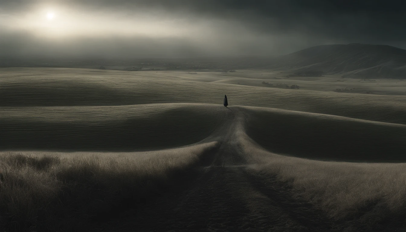 Arafed image of a lone person walking on a dirt road in a field - SeaArt AI