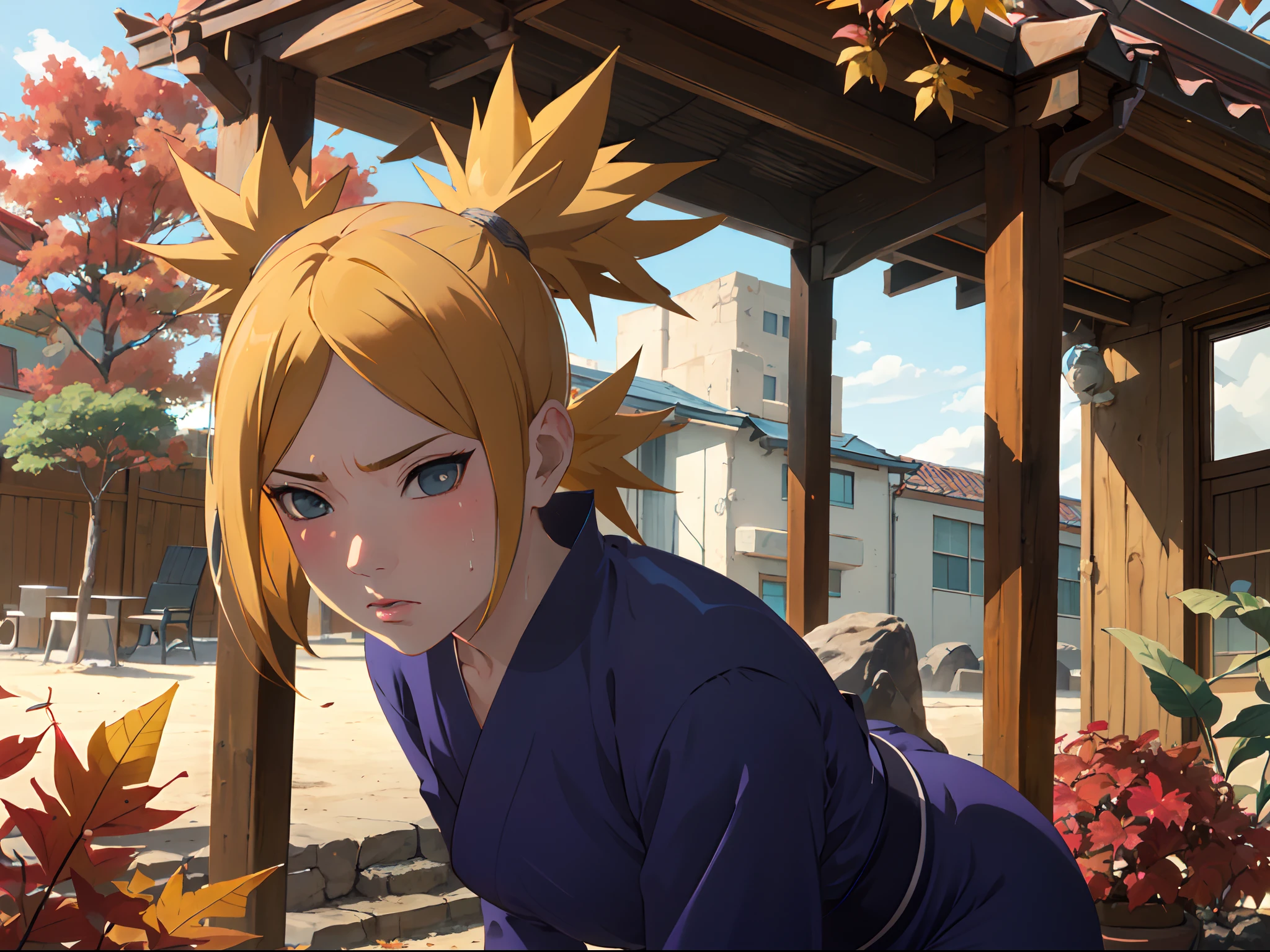 Masterpiece, absurderes , (Intricate details), (Colorful),Cinematic lighting,Bust Up Shot,Extremely detailed Cg Unity 8K wallpaper,Temari\(Boruto\), 1girll, Mature female,blue kimono, Sitting, Outdoors, (Falling leaves:1.3), Autumn leaves, (Autumn), Sunlight, Maple tree, parted lip,Wind, view the viewer, Temari\(Boruto\)，（perspire，Sweat a lot，Blushlush，Be red in the face，I had a lot of sweat on my face，Blushlush），（stooped，Buttress，Enchanting pose，A sexy pose）