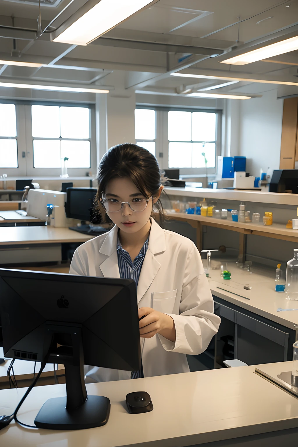 Arafed woman in lab coat sitting at desk with computer monitor - SeaArt AI