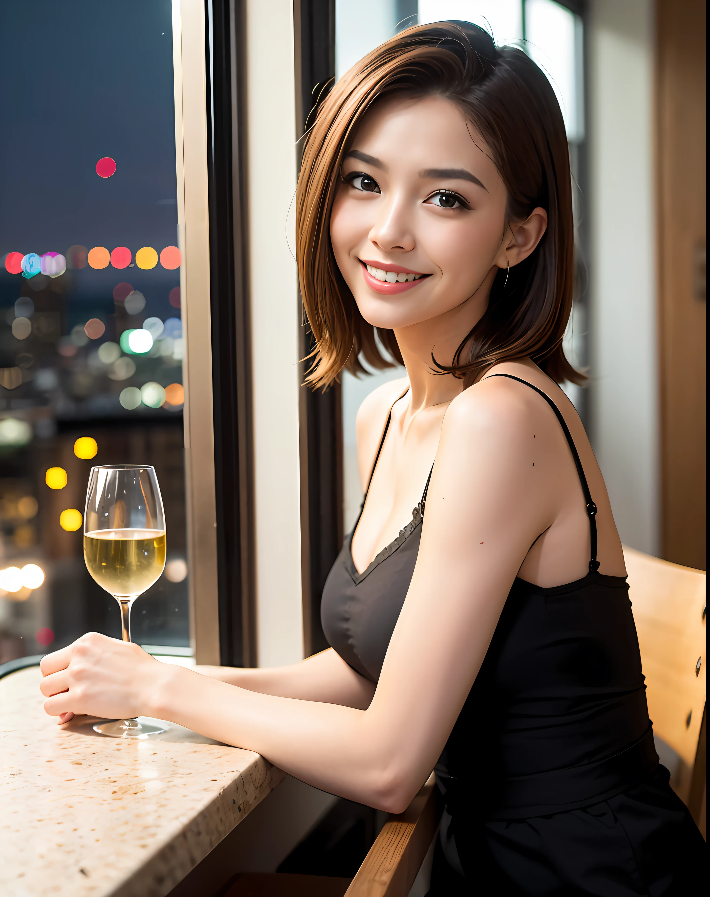 (64K, UHD, top quality, masterpiece: 1.2), (realistic, photorealistic: 1.37), super detailed, pretty woman 1 person, (slim face), (slim body), (brown hair), (short cut), cheeks slightly blushing, (44 years old), 38 years old, solo, beautiful detailed urban night view outside the window, restaurant, wine glasses sit, at night, in a prominent placeNovaFrogStyle, Actress, Model, Waist Up, White Wine, Slim, Wine Glass, Super Clean Night View, Wine Glass Put in the Middle, Happy Smile, (Smile: 1.15), Beautiful Fine Eyes, Upper Body, Bust Japan Up, Night, Short, Short, Actress, Model, Waist Up, White Wine, Slim, Wine Glass, Super Clean Night View, Wine Glass Put in the Middle, Happy Smile,
