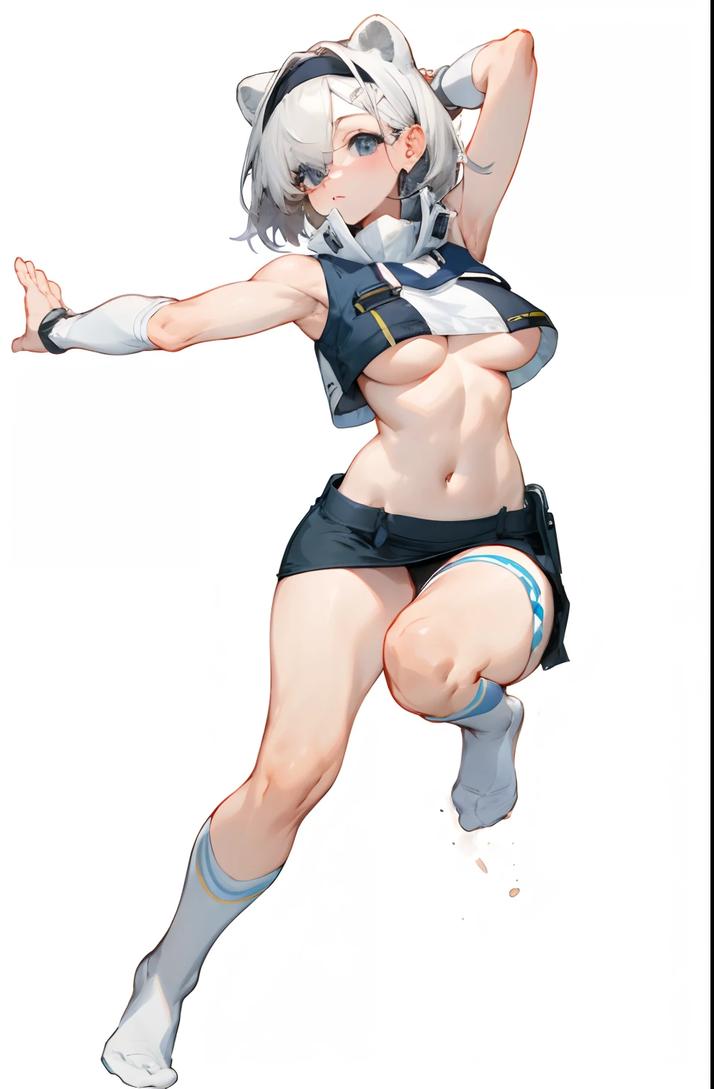Bigboobs，cropped shoulders，knee length socks，pleatedskirt，Show your arms，No shoes on