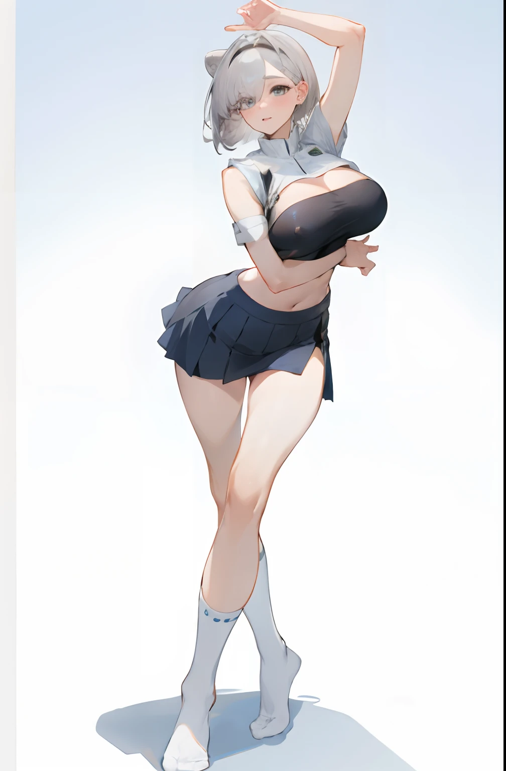 Bigboobs,cropped shoulders,knee length socks,pleatedskirt,Show your arms,No shoes on,dance