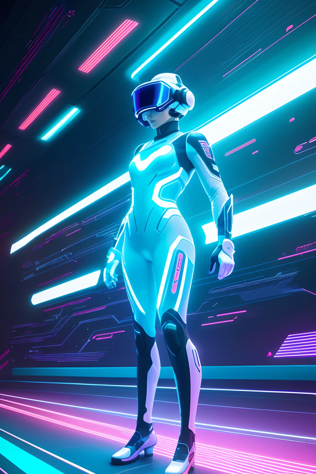 Digital Girl, Parts Hologram, (Best Quality,4K,8K,hight resolution,masutepiece:1.2),Ultra-detailed,(Realistic,Photorealistic,Photorealsitic:1.37), Vivid colors, Bokeh, 3D Rendering, interactive art, Futuristic landscape, Mobius Design Light Emitting Circuit Pattern, cyberpunk aesthetic, Bright blue neon light, Pixelated effects, glowing particles, Motion Blur, glitch effect, High-tech fashion, Holographic makeup, Reflective surfaces, Dynamic Posing, sleek, Mobius-inspired design, Immersive virtual reality environments.Movie Tron、moebius、Syd Mead、Kevin Flynn、tron(1982,movie,movie),Light Cycle、Genus Zillow、White suit、Tron Helmet、Digital Girl, Parts Hologram, (Best Quality,4K,8K,hight resolution,masutepiece:1.2),Ultra-detailed,(Realistic,Photorealistic,Photorealsitic:1.37), Vivid colors, Bokeh, 3D Rendering, interactive art, Futuristic landscape, Luminescent circuit pattern like the art of French painter Moebius, cyberpunk aesthetic, Bright blue neon light, Pixelated effects, glowing particles, Motion Blur, glitch effect, High-tech fashion, Holographic makeup, Reflective surfaces, Dynamic Posing, sleek, Mobius-inspired design, Immersive virtual reality environments.Movie Tron、moebius、Syd Mead、Kevin Flynn、tron(1982,movie),Pure white suit covering the whole body、Movie Tron Helmet、Electronic circuit pattern、Cindy Morgan、Lola、Short-cut hairstyles、Immaculate helmet、Neon pattern on helmet、Tron Design、Pure white smooth full-body suit、Tron suit imitating electronic circuits in white and blue tones、The background is、It is a neon pattern of a complex electronic circuit that emits light in green.., Red, Orange light instead of pink、The white suit is、It is a line state pattern of the design of a blue electronic circuit that emits light.、A pure white suit does not reflect the background color very well、Lonely pose is、Strongly evoked by the atmosphere of the 1982 film Tron.、In particular, The pattern of glowing lines that emerges on the pure white suit is characteristic...、Helmets a