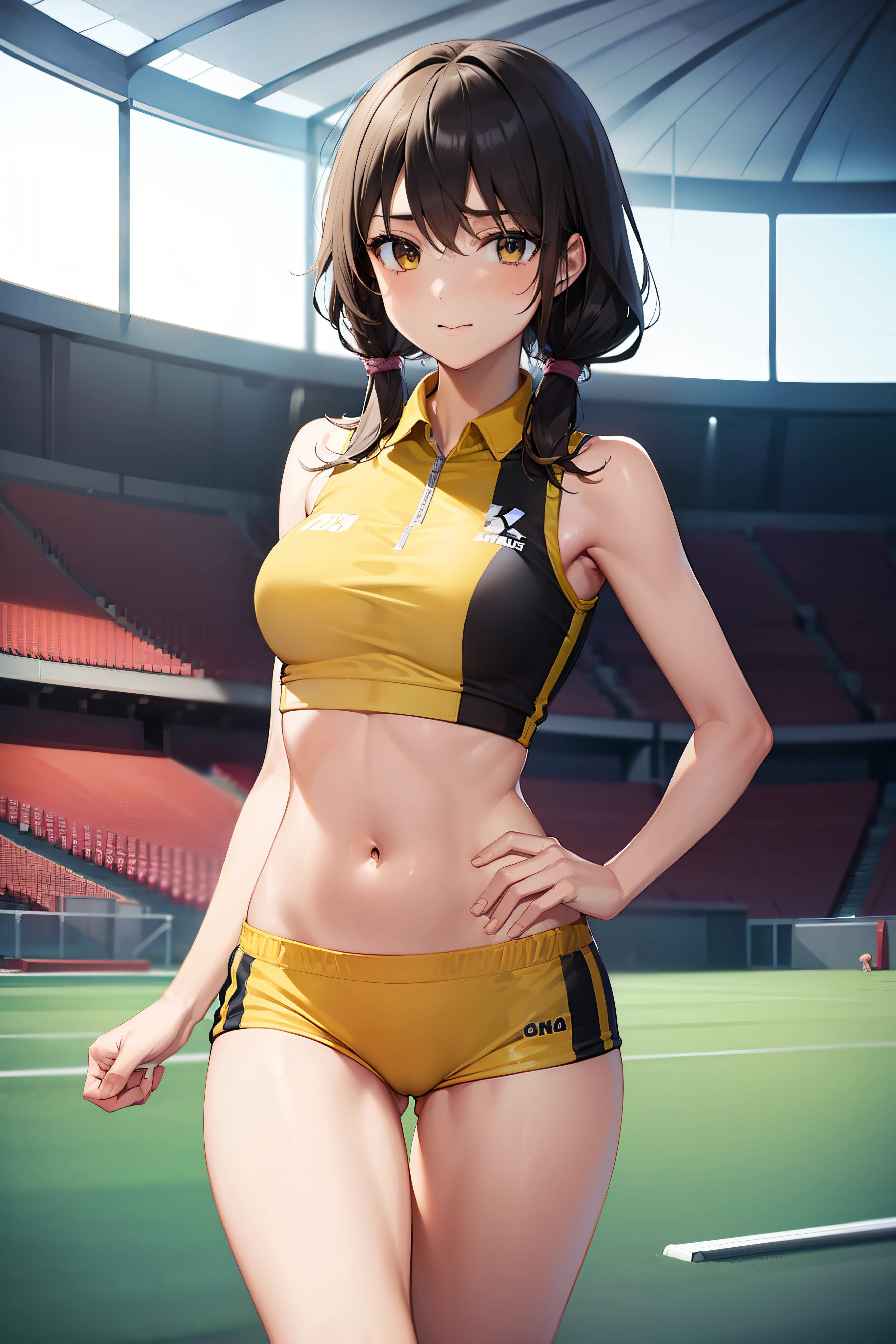 woman.(track and field). (world athletics).(yellow track uniform:1.2), sleeveless, (spectator seats).(packed auditorium).(separate track and field uniform).competition, perfect hands, thigh gap, show belly, running, torn clothes