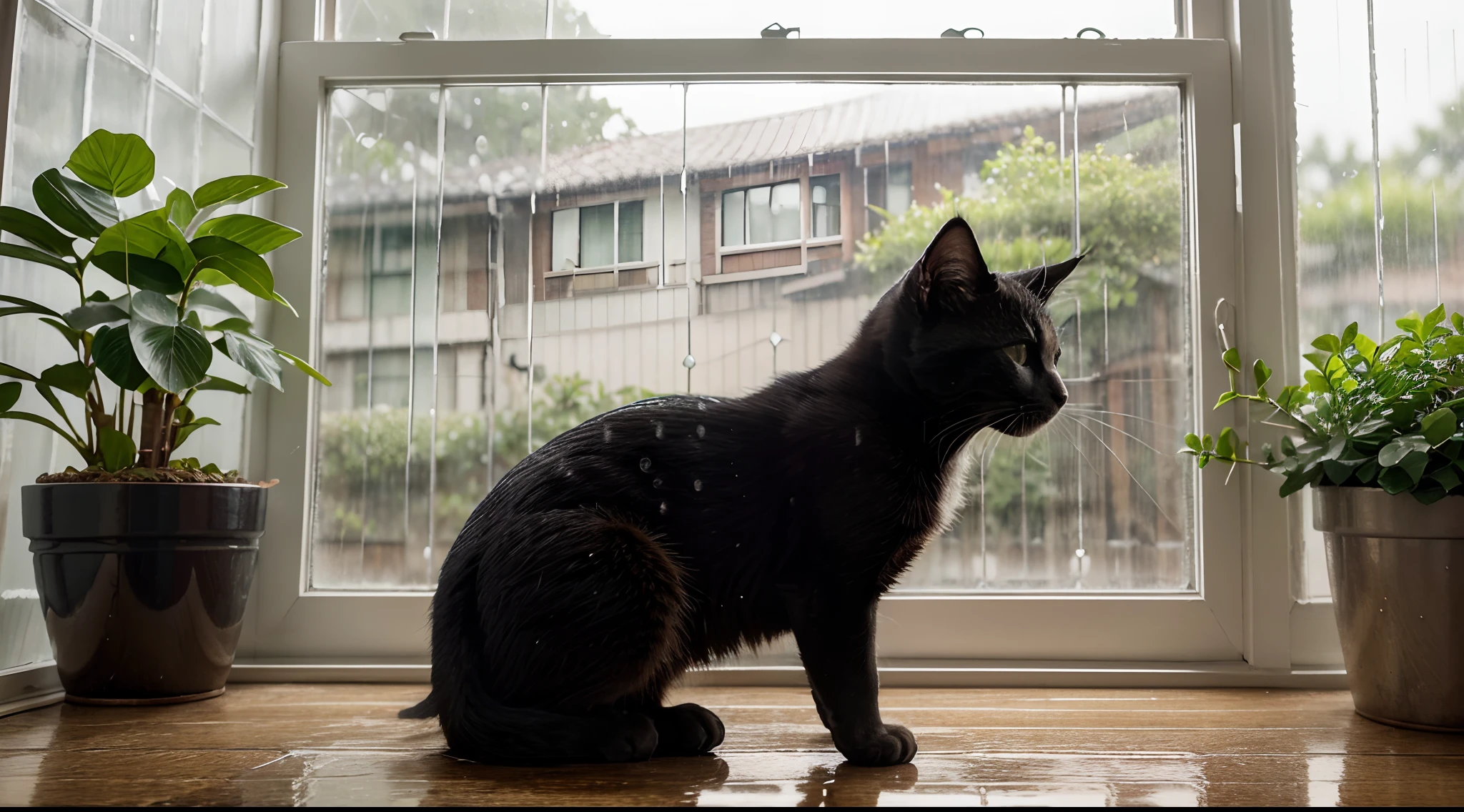 A black kitten in the window of a house with a gentle rain falling,illustration,soft raindrops on the window, cozy atmosphere, beautiful patterns in the raindrops, rain-soaked window frame, sleepy kitten, furry paws, green plants in the background, high-res, realistic, natural lighting, vibrant colors.