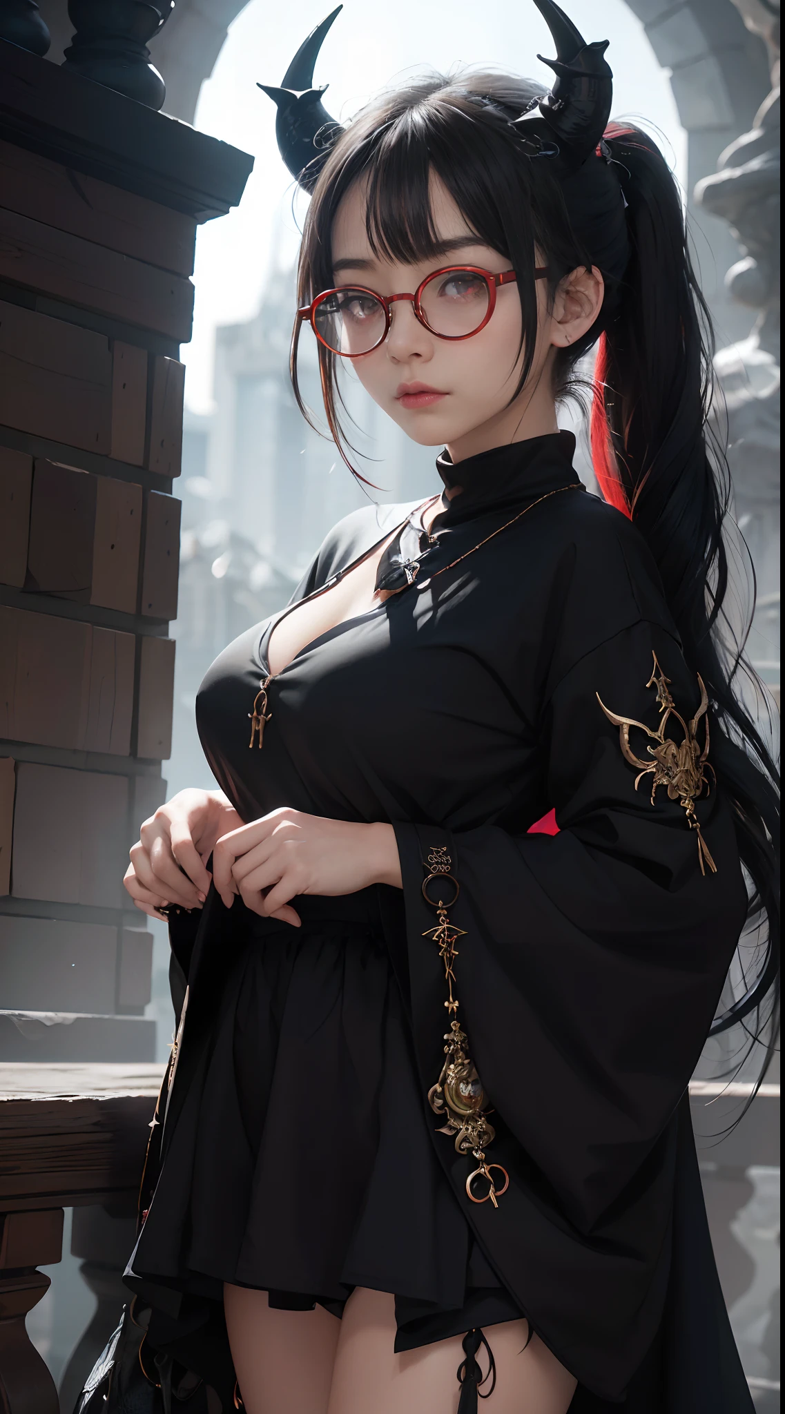 Fine、(The best illustrations)、8k UHD resolution、intricate-detail、top-quality、realisitic、ultra-detailliert、The best lighting、Best Shadows、Soft lighting、Ulutra HD、Dungeon、The dragon、caves、Dungeon、 Evil Nun、A Necromancer、natta、Dark style、Succubus、Devil's Daughter、Umi Shinonome、Bat Wings,(((Demon Horns)))、((((black-rimmed round glasses))))、(((Colossal tits)))、(Devil's Tail)、(red eyes glowing:1.6)、masterpiece、beautiful countenance、Tindall Effect、photos realistic、(High Detail Skins:1.2)、8KUHD、Digital SLR、hightquality、a picture、hight resolution、 absurderes、Ponytail distortion、best ratio four finger and one thumb、1人、hair adornments、Red sparkling gemstone necklace、jewely、Beautiful expression、Body Up、Large breasts emphasis、Toned waist、Wide buttocks、Tindall Effect、Photorealsitic、(High Detail Skins:1.2)、