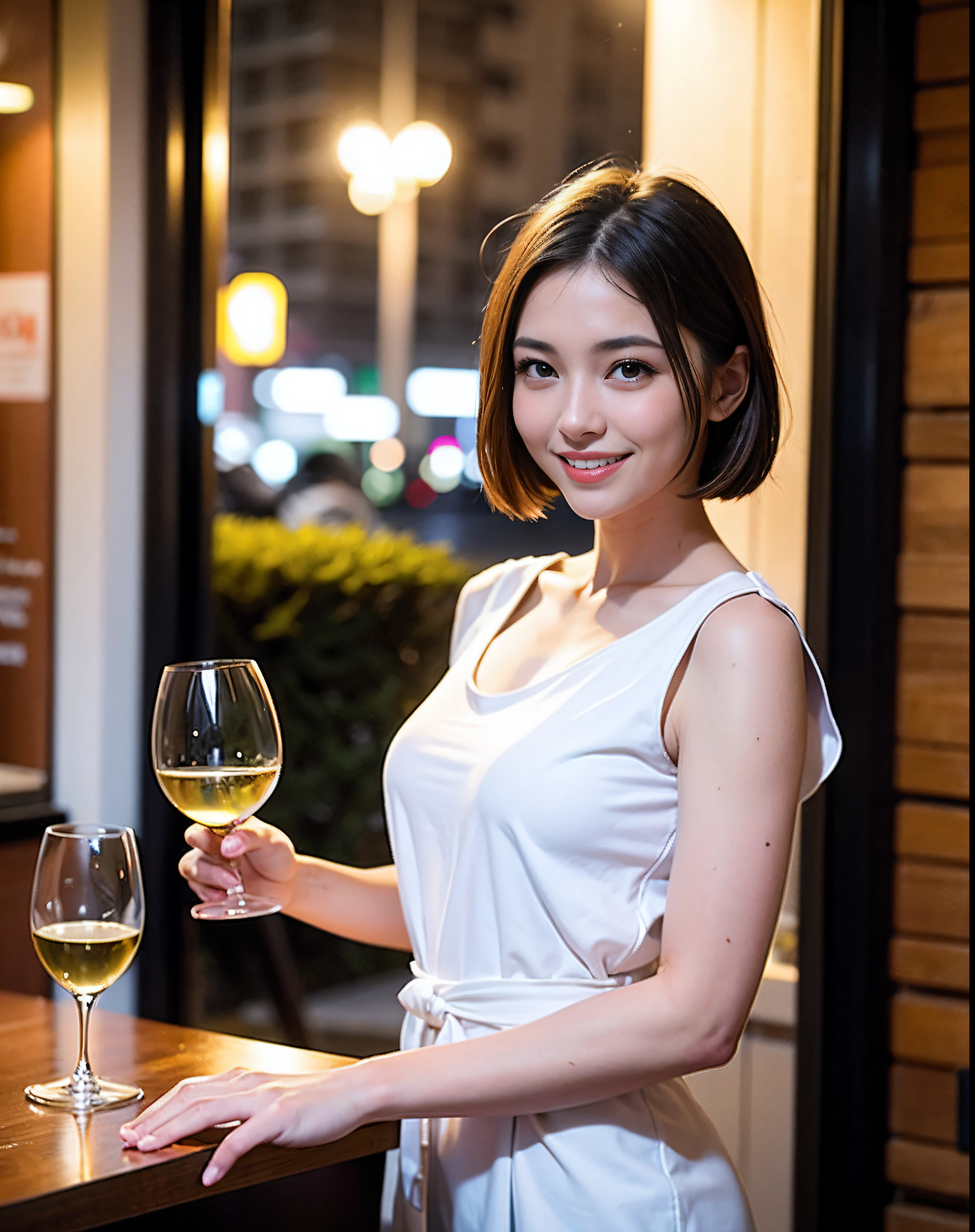 (64K, UHD, top quality, masterpiece: 1.2), (realistic, photorealistic: 1.37), super detailed, pretty woman 1 person, (slim face), (slim body), (brown hair), (short cut), cheeks slightly blushing, (44 years old), 38 years old, solo, beautiful detailed urban night view outside the window, restaurant, wine glasses sit, at night, in a prominent placeNovaFrogStyle, Actress, Model, Waist Up, White Wine, Slim, Wine Glass, Super Clean Night View, Wine Glass Put in the Middle, Happy Smile, (Smile: 1.15), Beautiful Fine Eyes, Upper Body, Bust Japan Up, Night, Short, Short, Actress, Model, Waist Up, White Wine, Slim, Wine Glass, Super Clean Night View, Wine Glass Put in the Middle, Happy Smile,