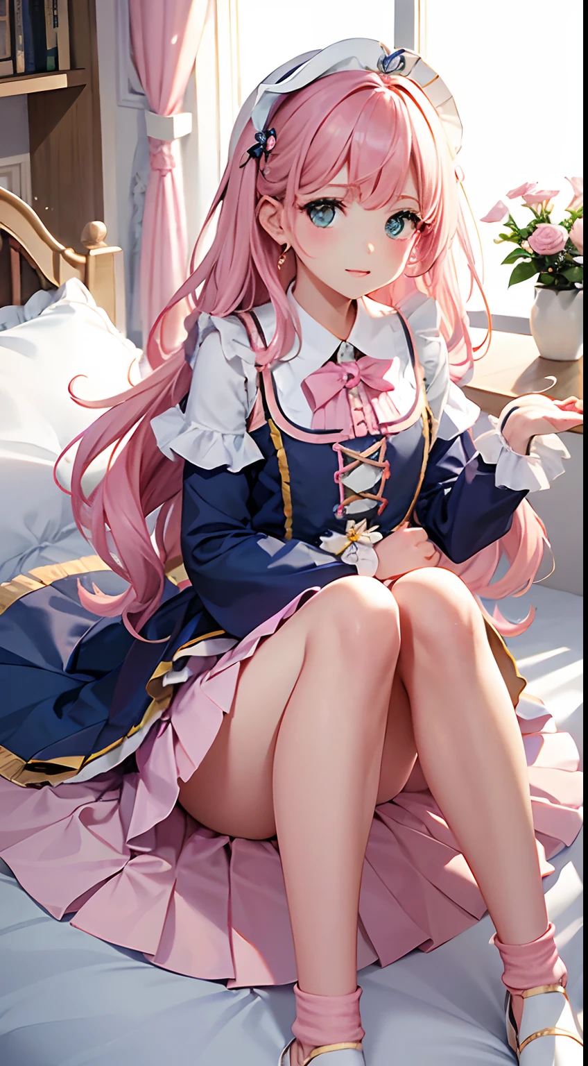 Belle illustration、premier quality、Mignonne s、chambre、Un poil rose、longueur cheveux、(((Pink pleated skirt)))、(((Costume marin rose)))、manches courtes、Colossal、un nombril、Remonter la jupe avec vos mains、montrer la culotte blanche、Remontez votre jupe et montrez votre culotte、jambes nues、yeux bleus、sur les lits、belles cuisses、cuisse rougeoyante