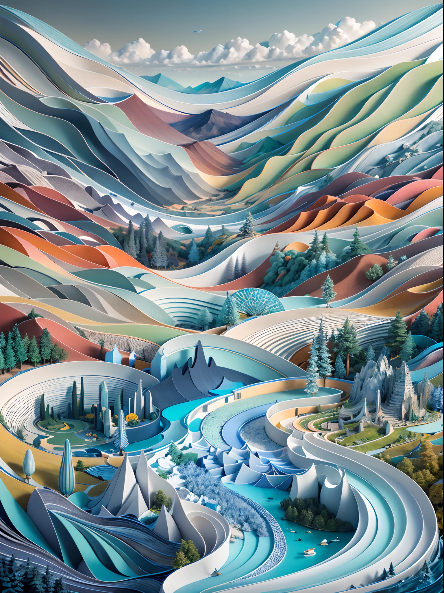 (best quality,4k,8k,highres,masterpiece:1.2),ultra-detailed,(realistic,photorealistic,photo-realistic:1.37),paper art,beautiful layered paper art,stacked layers,layer upon layer,paper cut art,stacking,hollowed-out,3D rendering,lighting,sky,clouds,mountains,green water,terraces,paper material,blue and white,layered landscape,paper-cut mountains,layered fields,vivid colors,front view