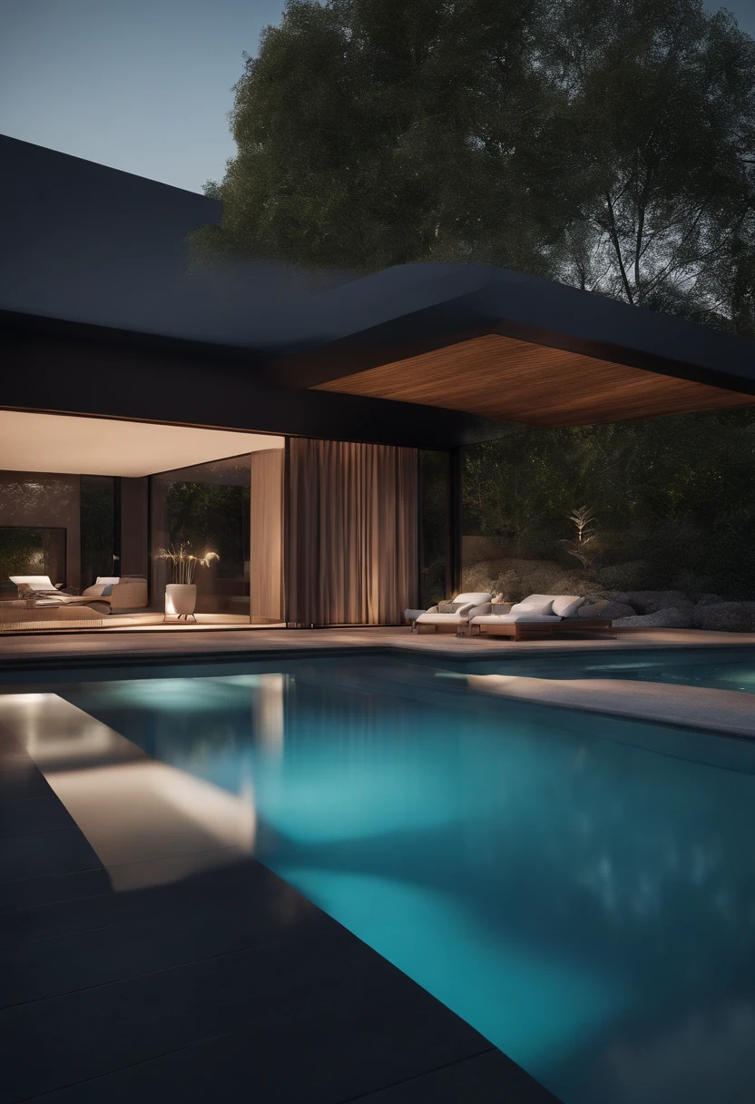 Une maison moderne dominante noir mais chaleureuse, Hight 8k resolution, A large number of details, Fusion parfaite avec la nature, dans un style naturel moderne, proche d'un court d'eau naturelle. Inner fusion with the mountain, very natural, Chaleureux. Ombrage, lumineux, couleur chaude, photorealiste, Soft Light, style architectural moderne, Large outdoor swimming pool, itemize, high resolucion