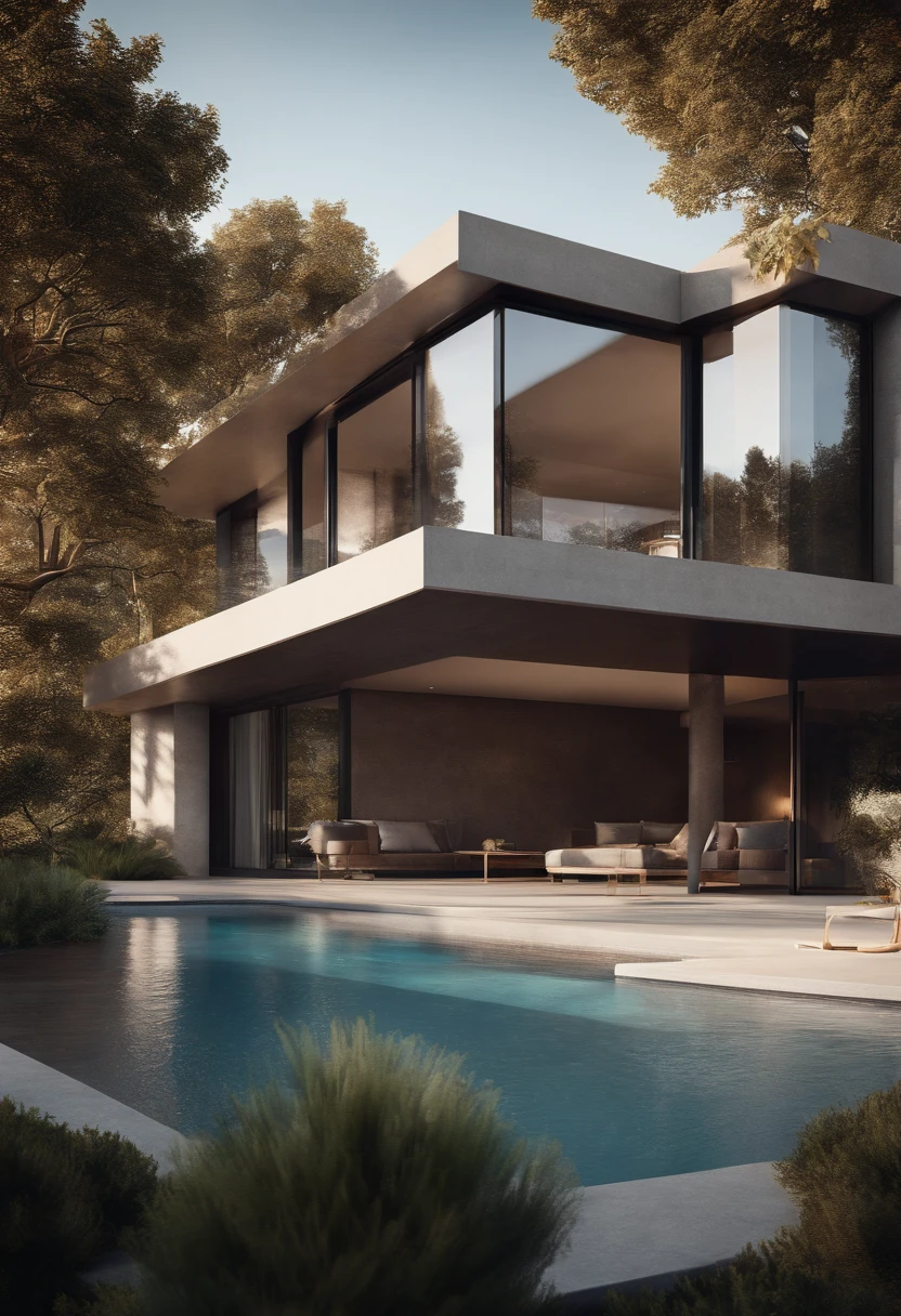 Une maison moderne dominante noir mais chaleureuse, Hight 8k resolution, A large number of details, Fusion parfaite avec la nature, dans un style naturel moderne, proche d'un court d'eau naturelle. Inner fusion with the mountain, very natural, Chaleureux. Ombrage, lumineux, couleur chaude, photorealiste, Soft Light, style architectural moderne, Large outdoor swimming pool, itemize, high resolucion