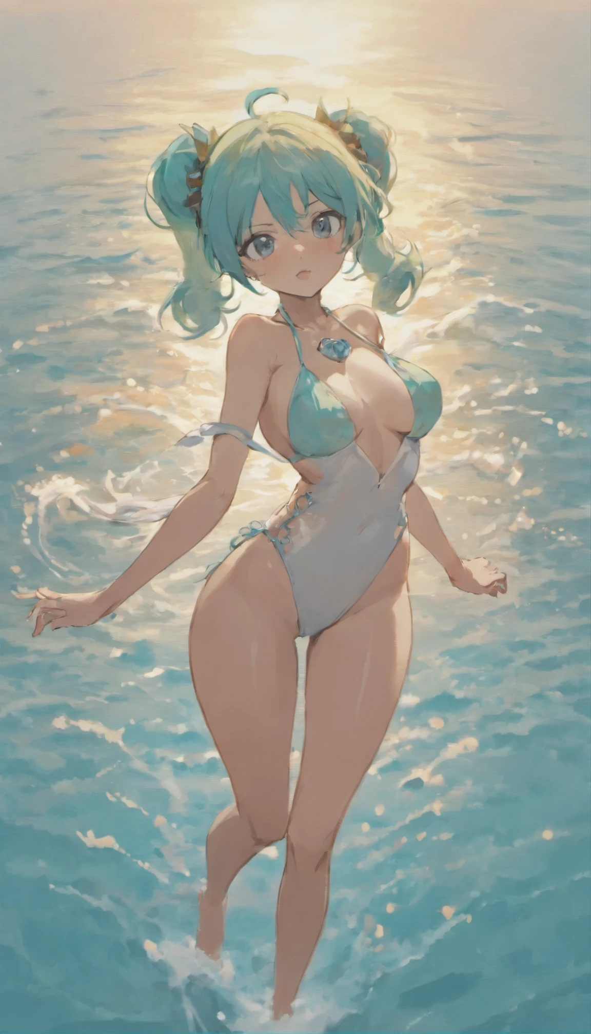 Detailed illustration of a very tall giant Hatsune Miku in focus , Braless,hanging breasted, (Wearing a white crop top shirt), And skin-tight black leggings,Low-angle images, Huge chest focus,thicc thighs,Functional,Huge ass,having fun ,Look sexy,Erotic,Teasing the, Beach,Sand,Sea,morning ,Fog,Long exposure,Detailed background,(masutepiece), (Best Quality), (Detailed),Detailed face and attire,Anime Face,Stand taller than the beach umbrella, beach parasol, Beach Mat,Front side view,Anime Big Eyes,Anime Face,Anime body
