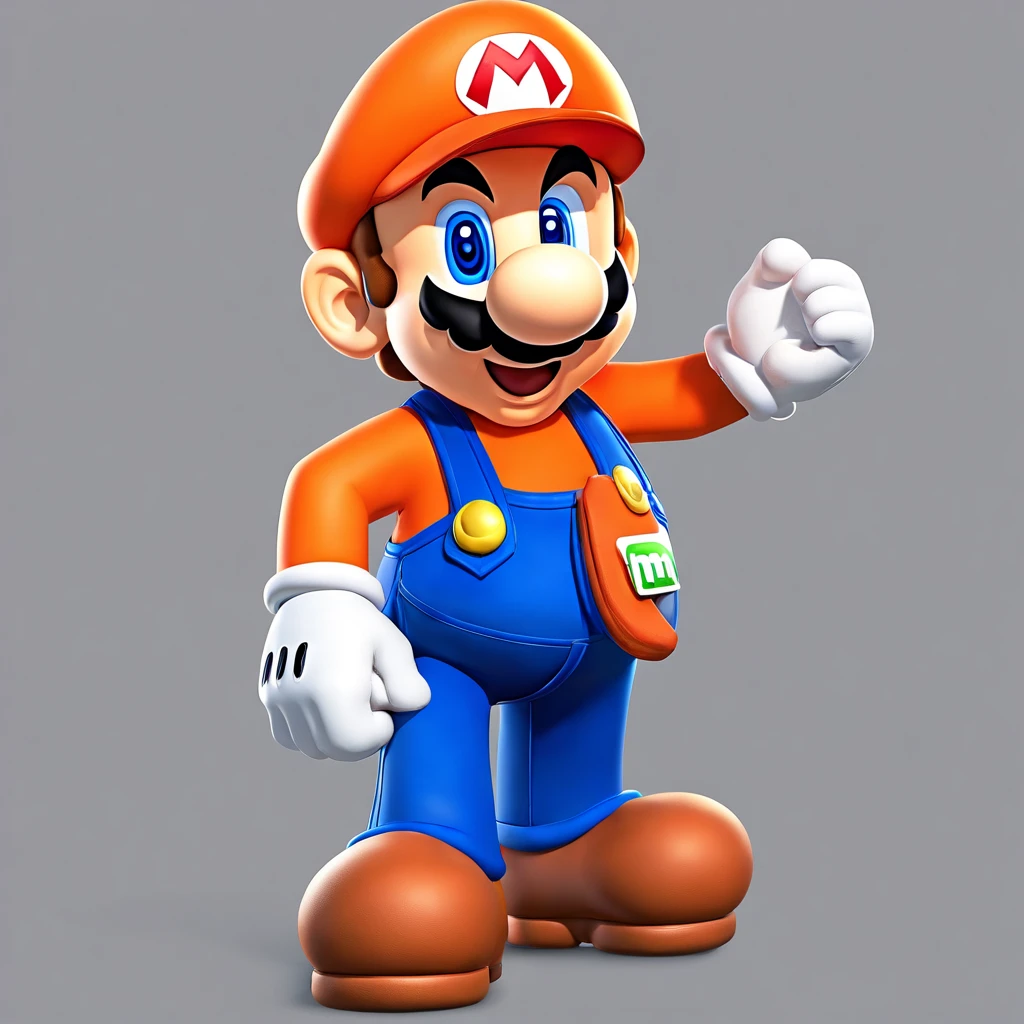 (Mario), character design, Nintendo Super Mario, (blue eyes, red hat, orange apron , orange suspenders, orange and black gloves, )full body, exaggerated expressions and actions, clean background, bright iridescent highlights, studio lighting, atmospheric lighting, with exquisite texture, high detail, high resolution, c4d, 3D, Blender, 8k, best quality, ultra high definition, (Mario as a Home Depot associate), (Home Depot), (The Home Depot), (Mario as a Home Depot Employee)