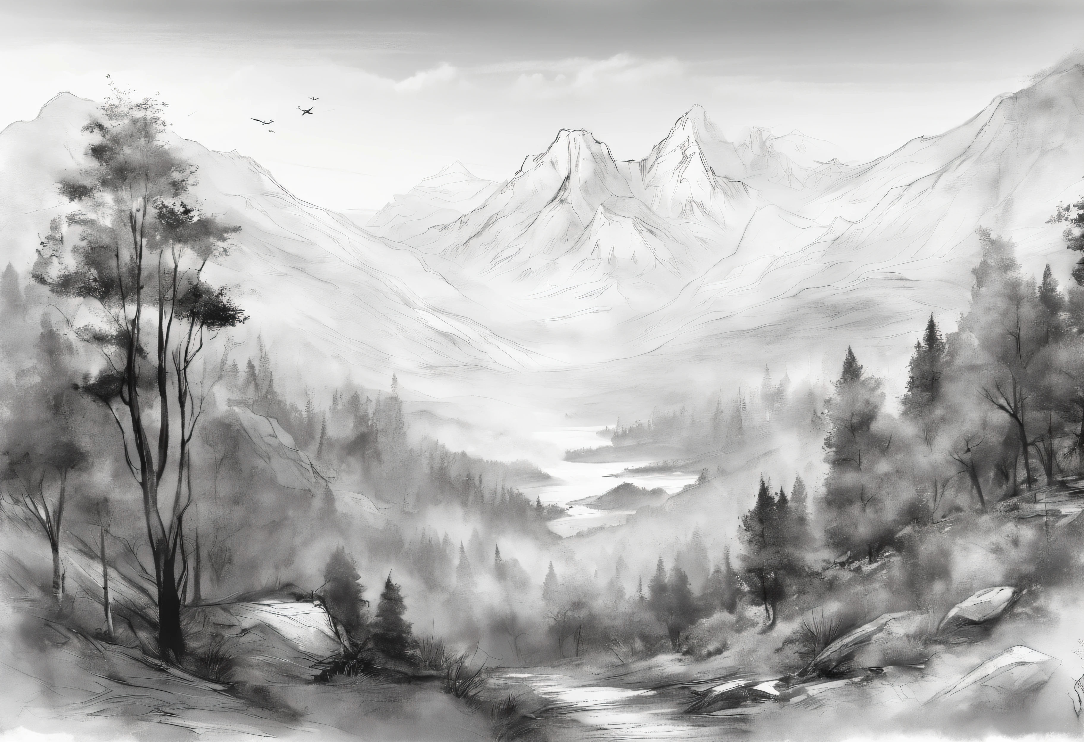 Mountain landscape, deciduous forests, charcoal sketch, very detailed and delicate