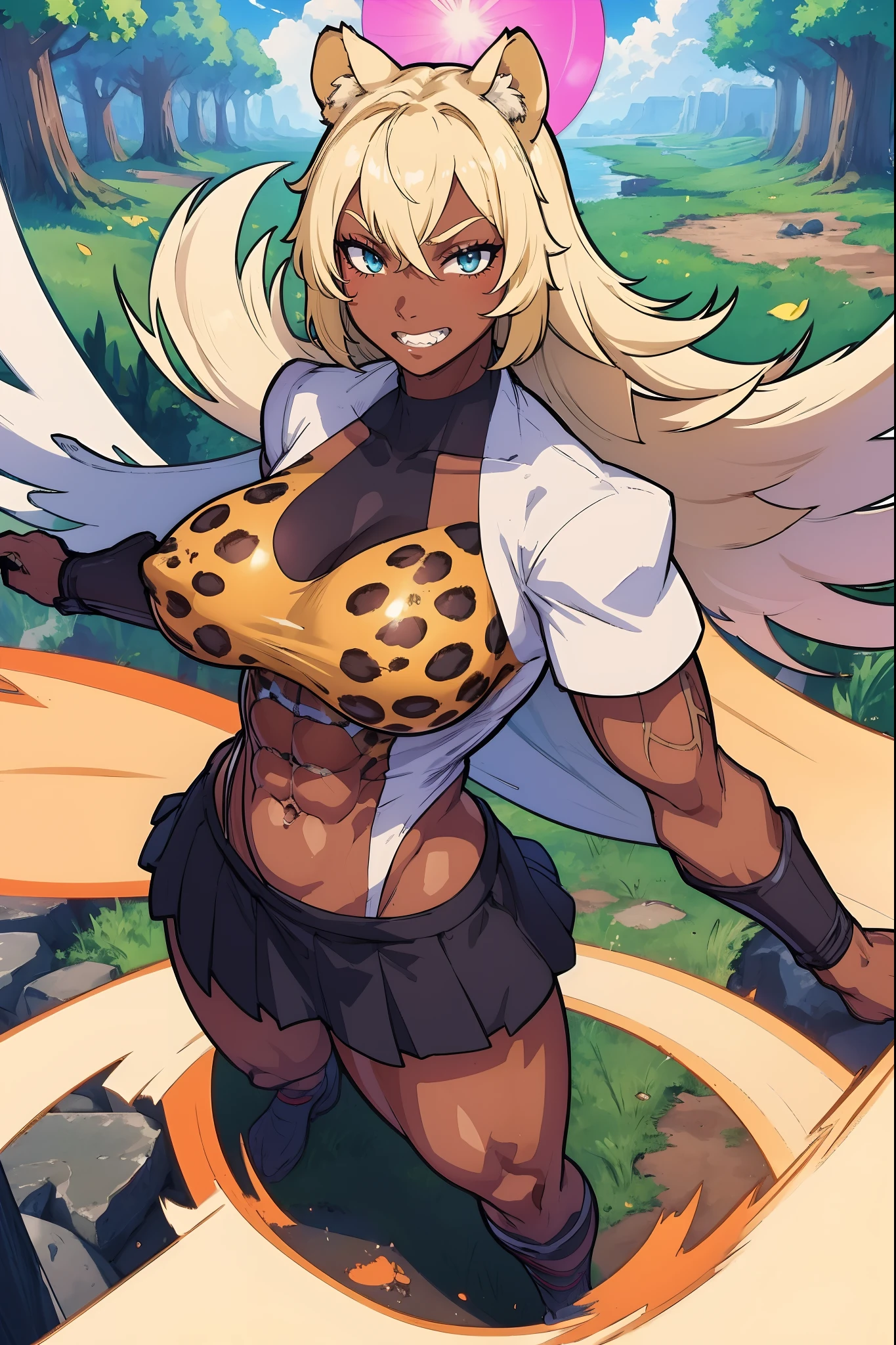 Muscle girl, dark-skinned woman, big chest, wings, happy,, , panties,skirt, portrait, 1character, full body, walking, ,village, farm, , forest,flipflops,blond hair, revealing cloth, leopard cloths , barbarian,wings, fake animal ears, light smile, ear blush, fang, Surrealism, drop shadow, anaglyph, stereogram, tachi-e, pov, atmospheric perspective, Romanticism, Renaissance, 8k, super detail, ccurate, best quality, best quality, high quality, super detail, anatomically correct, UHD, retina, masterpiece, textured skin, ccurate, high details, award winning, highres, 1080P, HD, 4K, staff holding, angel wings, mini skirt