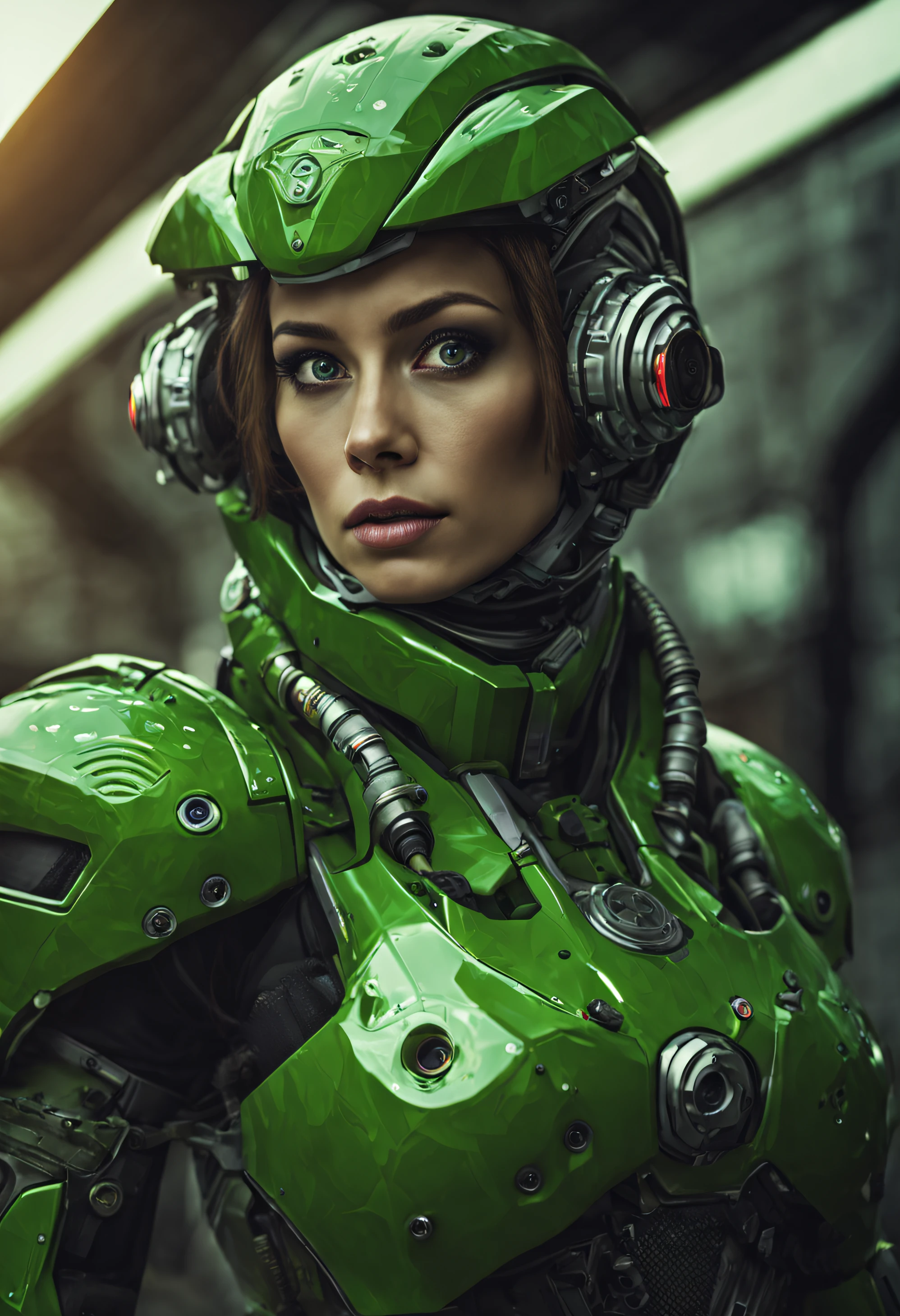 mujer alienigena extraterrestre de gran cabeza redonda calva, con ojos supergrandes en relacion a la cara ,con el iris de color verde brillante, cara bellisina y vistoso y tecnologico traje parecido a los uniformes de guerra de gears of war y cuerpo espectacular, (se encuentra en centro de control de una estacion espacial). colores vivos, imagen nitida perdecta 8k.