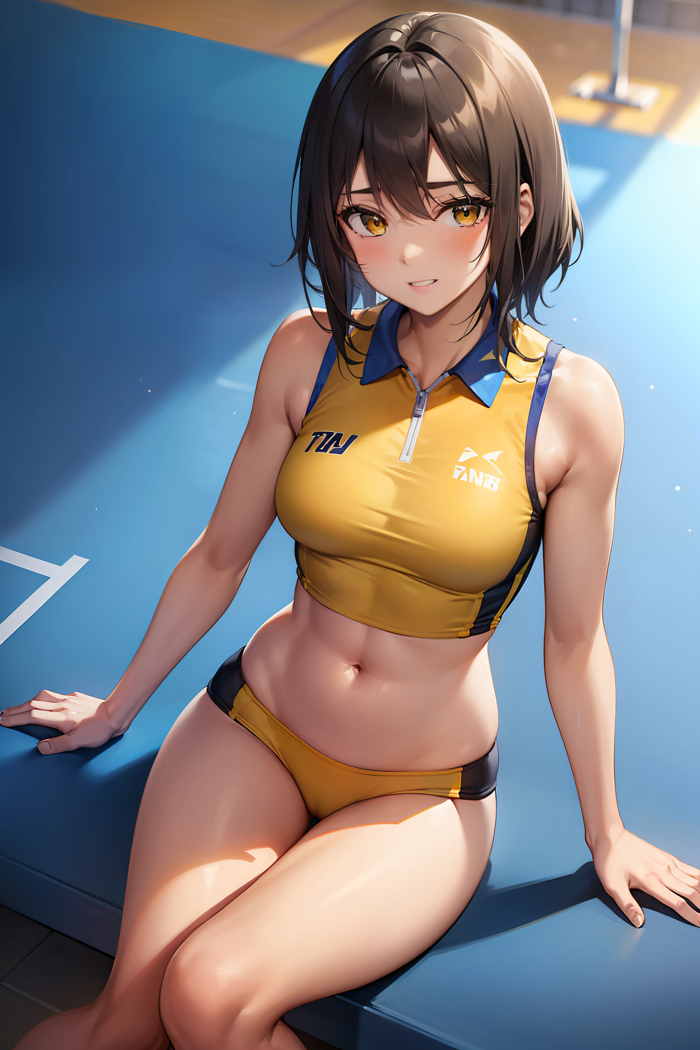 woman.(track and field). (world athletics).(yellow track uniform:1.2), sleeveless, (spectator seats).(packed auditorium).(separate track and field uniform).competition, perfect hands, thigh gap, show belly, resting sensual pose